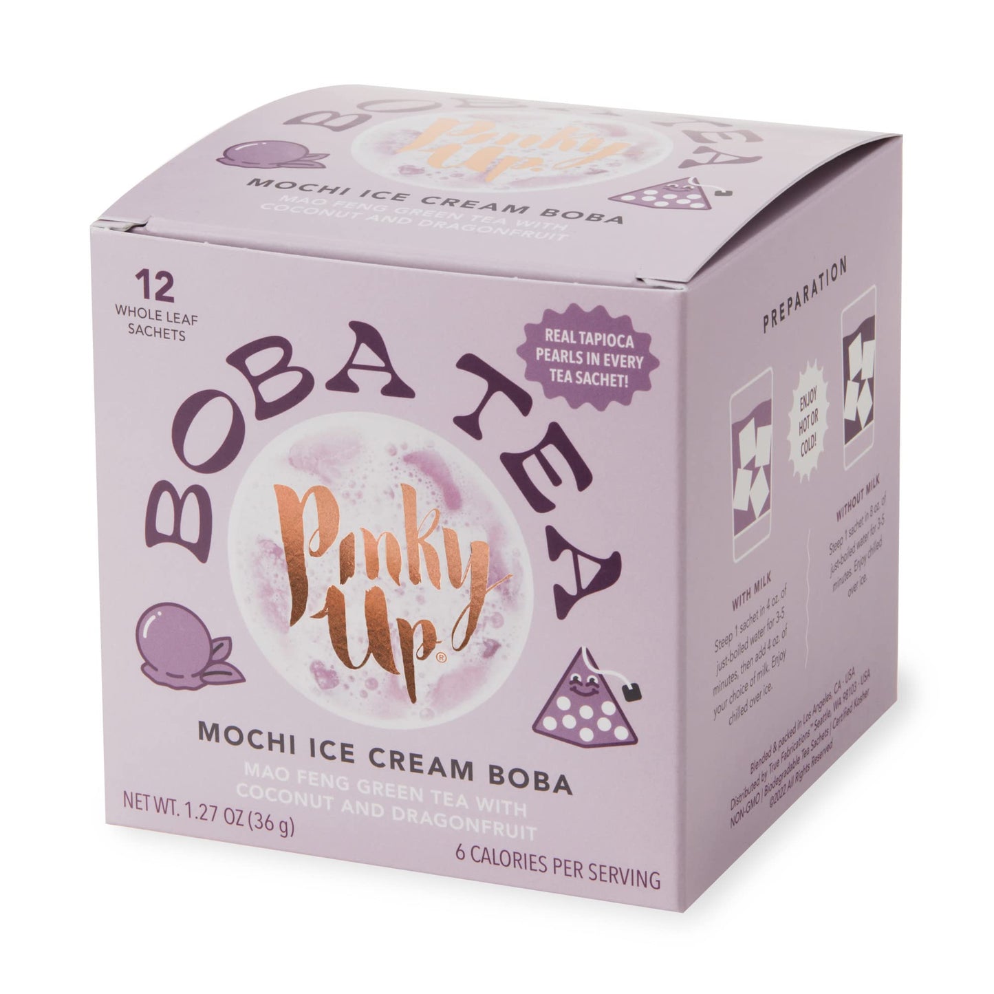 Pinky Up Mochi Ice Cream Boba Tea Sachets - Low Calorie Whole Leaf Green Tea Bubble Tea - Boba Gift 12 Biodegradable Tea Bags