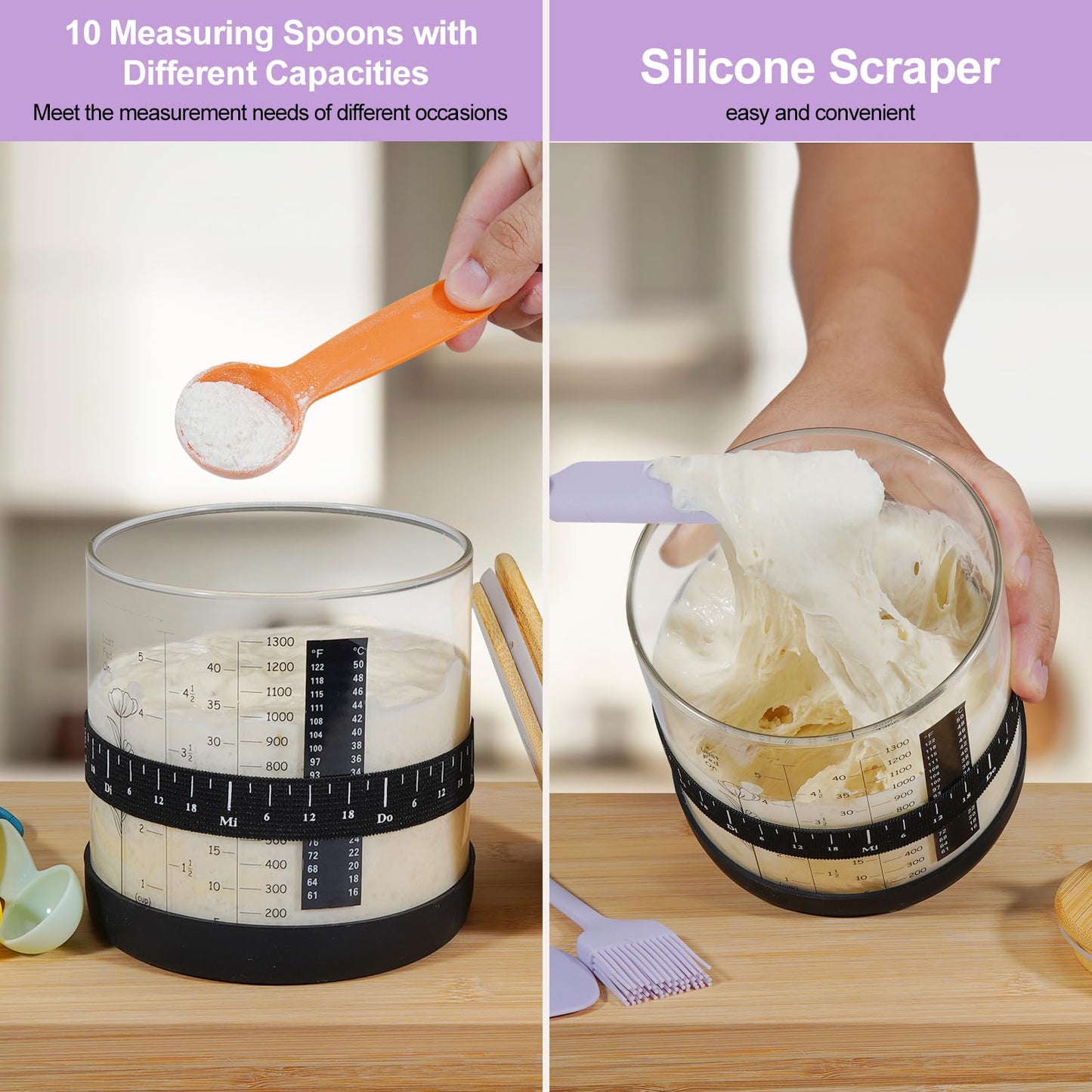 Large Sourdough Starter Jar, Wide Mouth Bread Starter Kit with Ounce&ML Scale Line,Marked Feeding Band, Thermometer, Scraper, Me