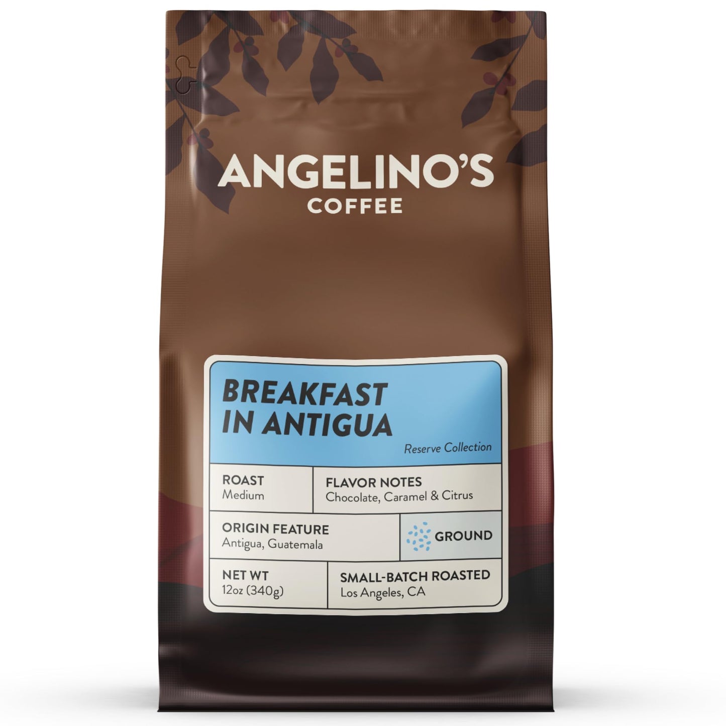 Angelinos Coffee Breakfast Blend, Medium Roast, Guatemalan Coffee, Chocolate Notes, 12oz Ground