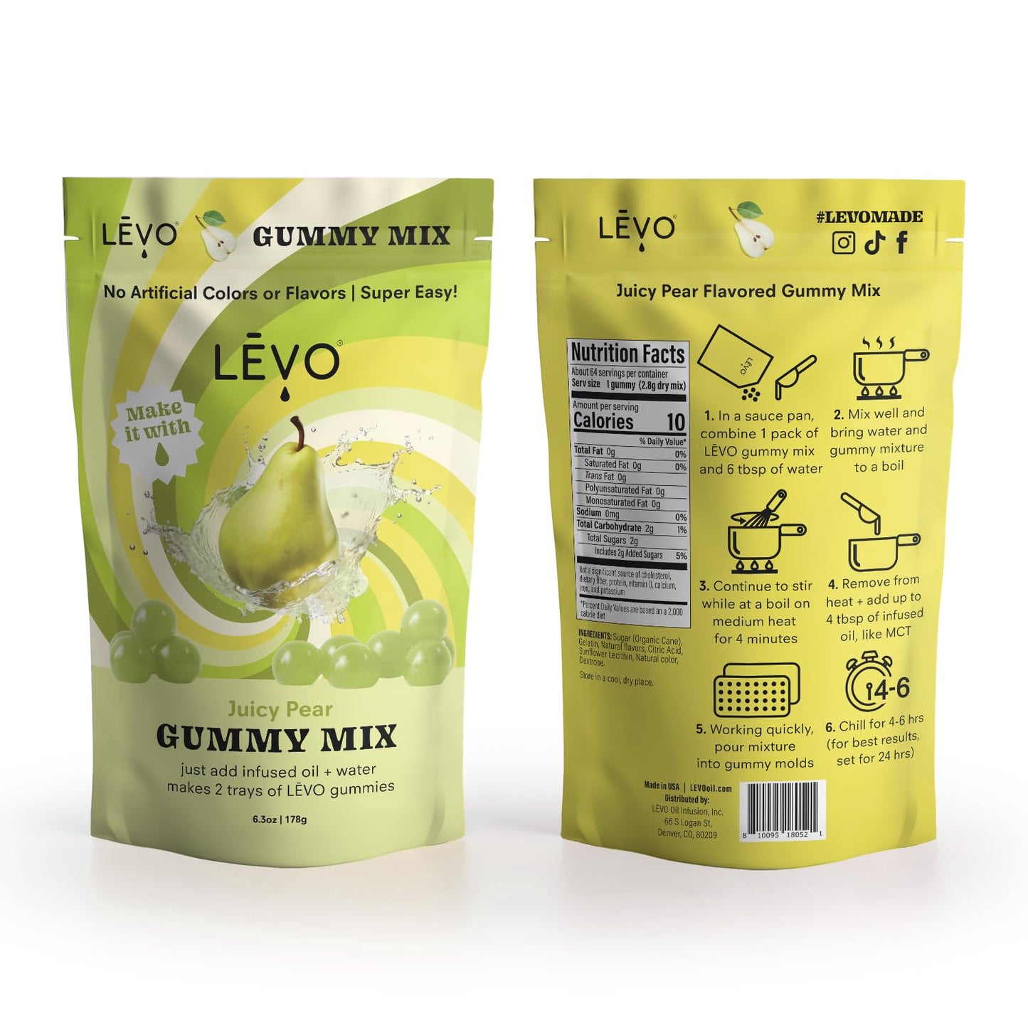 LEVO Gummy Mix - Juicy Pear Flavor - Makes 64 Gummies - 6.3 Ounce Pack - Green