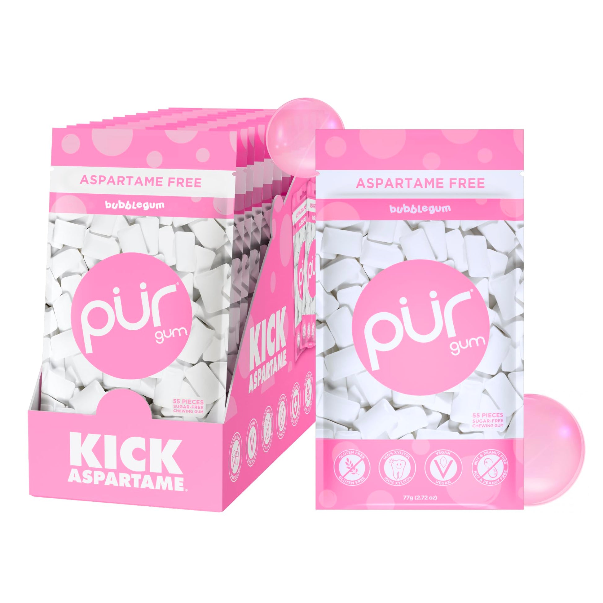 Pur Gum | Aspartame Free Chewing Gum | 100% Xylitol | Natural Bubblegum Flavored Gum, 55 Pieces (Pack Of 12)