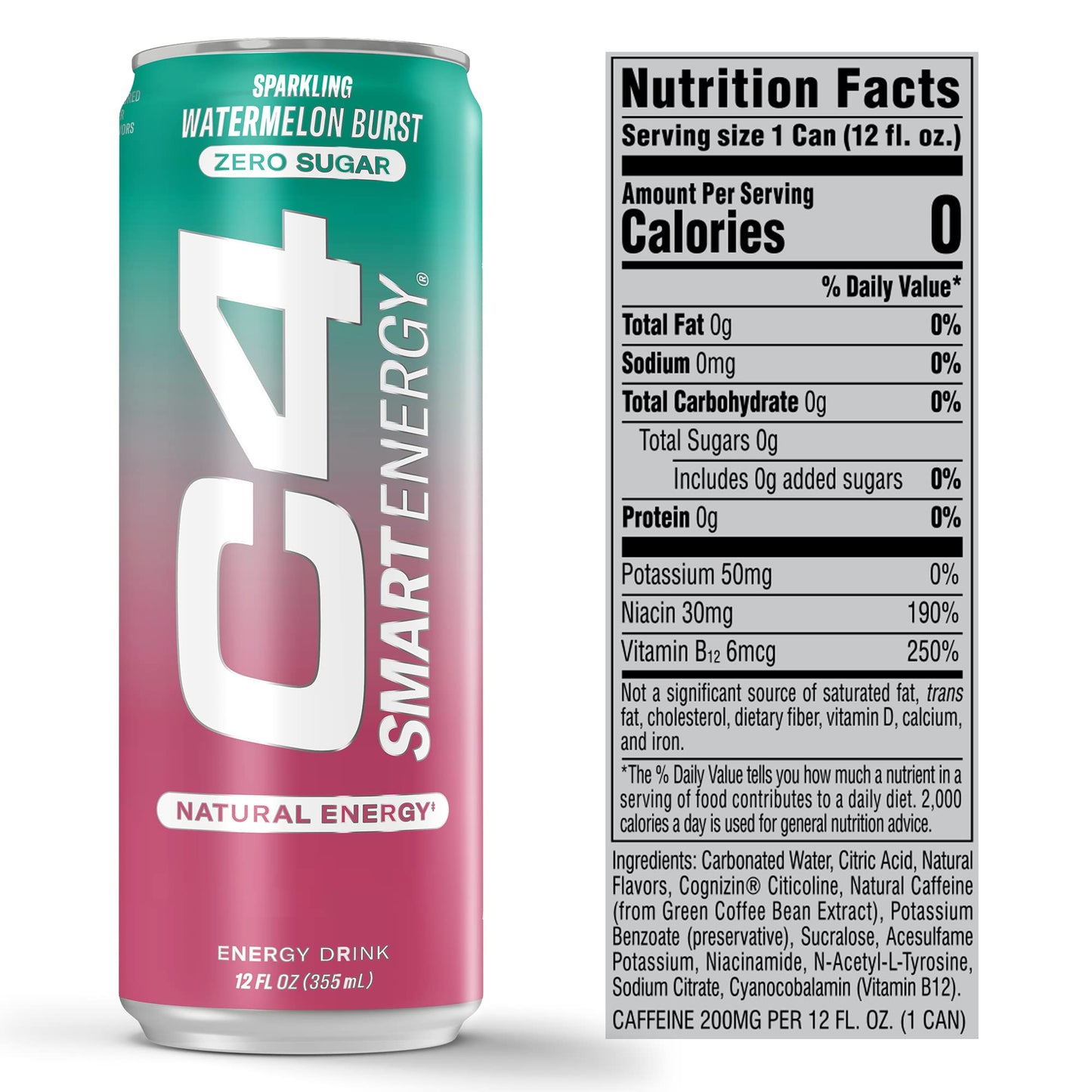 Cellucor C4 Smart Energy Drink, Sugar Free, Watermelon Burst, Performance Fuel & Nootropic Booster, 12 Fl Oz, Pack of 12