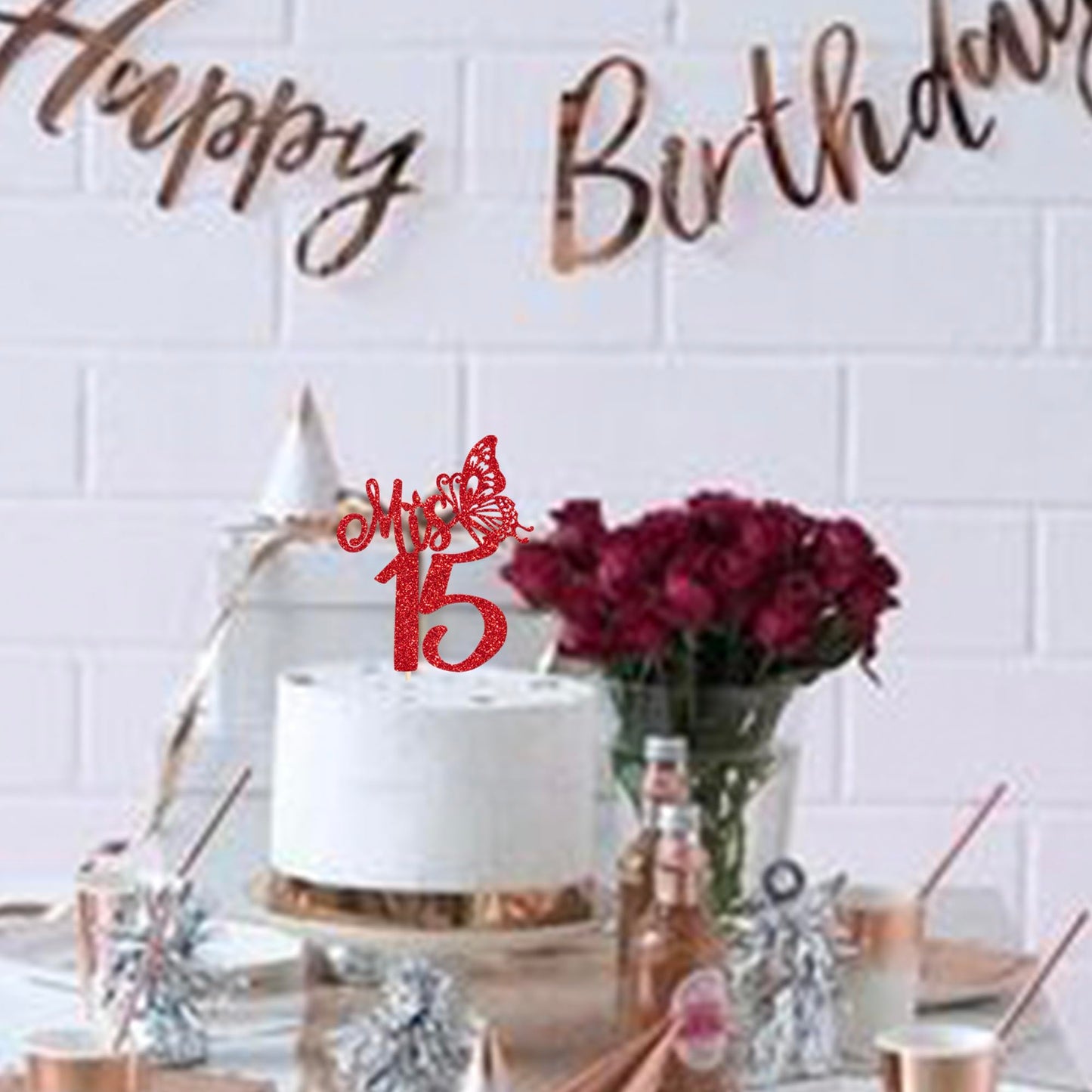 Rssta i Happy 15th Birthday Cake Topper, Red Cardstock Decoration for 15th Birthday Party, Cheers to 15 Years, Design 2