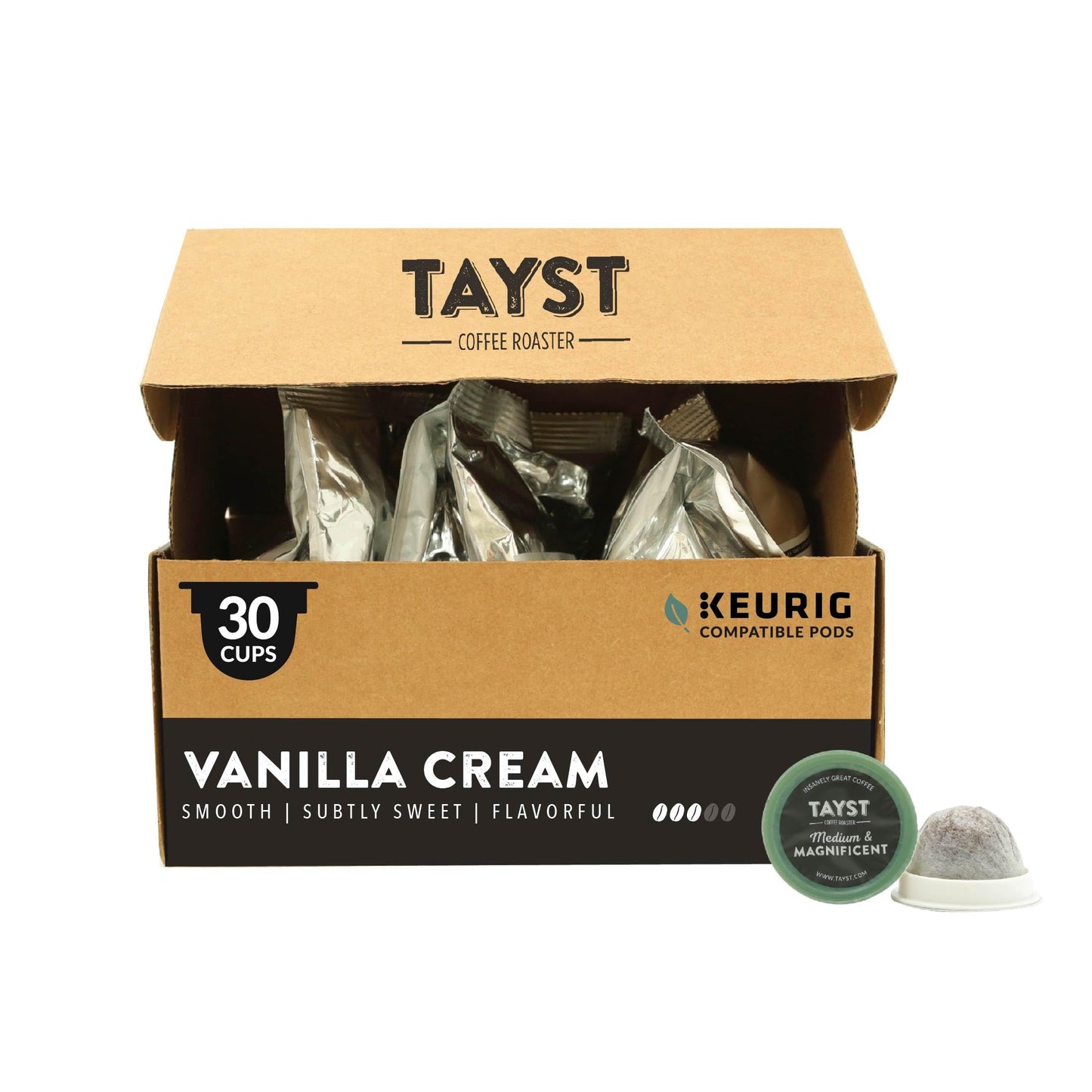 Tayst Coffee Roaster Compostable Coffee Pods | Medium Roast | 30 Count | Biodegradable K Cups | Compatible with Keurig | Brown