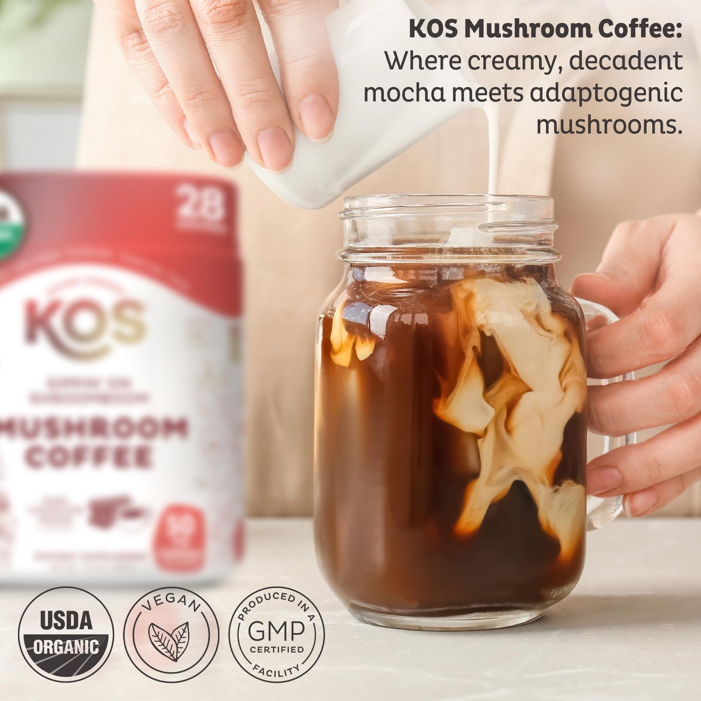 KOS Mushroom Coffee - USDA Certified Organic - Dark Chocolate Mocha Flavor - Mushroom Coffee Latte Powder with Reishi, Cordyceps