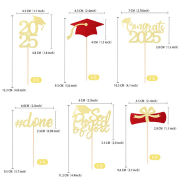 36 Pcs Class Of 2025 Graduation Cupcake Toppers, Gold & Red Glitter Double-Sided Grad Cap Cake Toppers For Party Supplies, 2025
