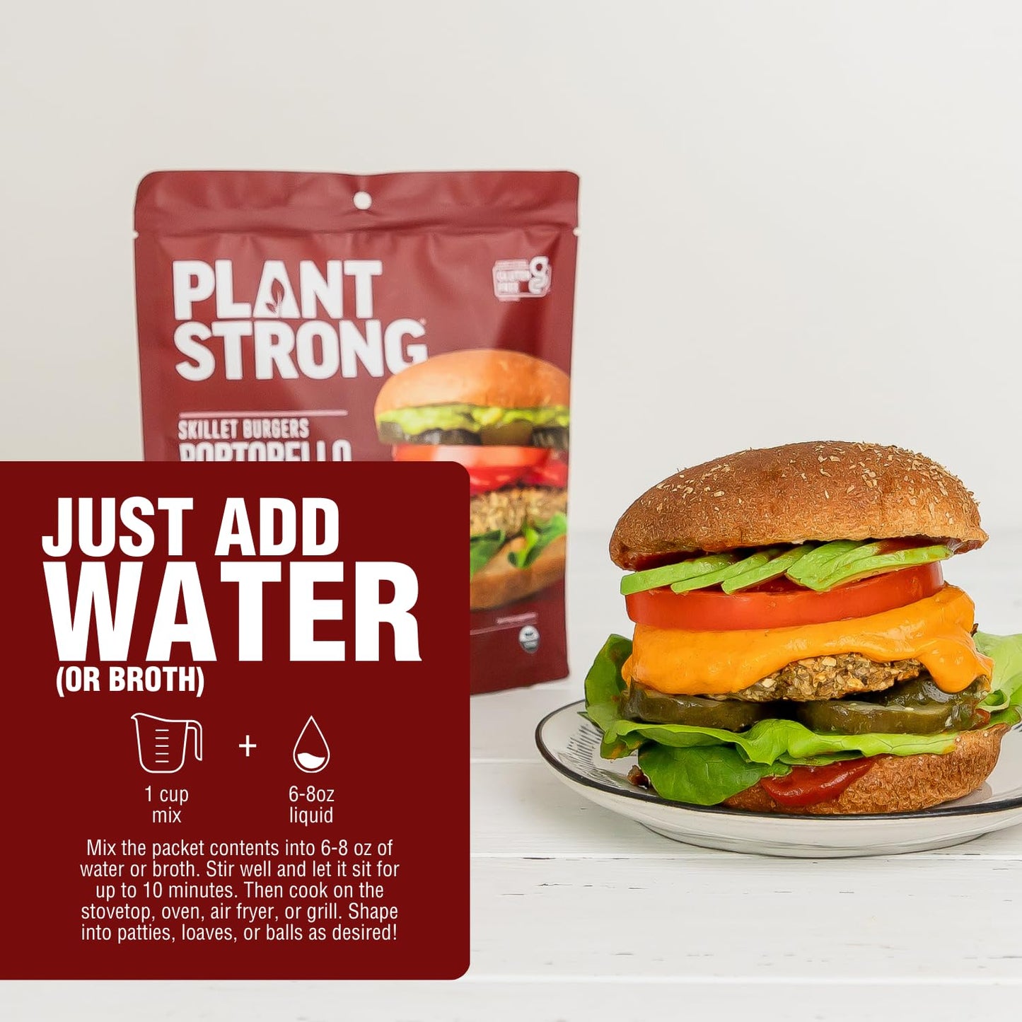 PLANTSTRONG Portobello Plant Based Burger Mix 6oz (4 Pack) - NON-GMO, Whole Grain, Plant Based, Vegan, Gluten Free, Oil Free, Sh