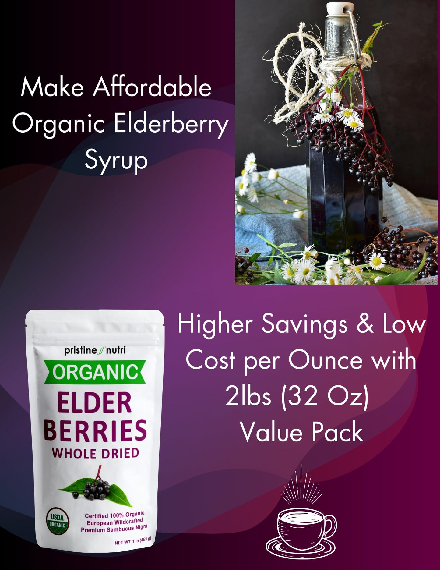 Pristine Nutri Organic Dried Elderberries | Non-GMO, Wildcrafted | 16 oz