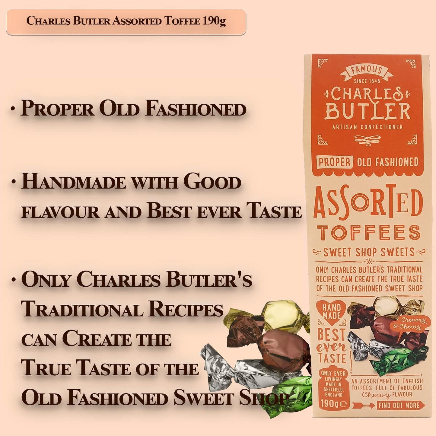 Charles Butler Assorted Toffees | Full Of Delicious Smooth, Creamy & Chewy Flavors | Proper Old Fashioned | Individually Foil Wr