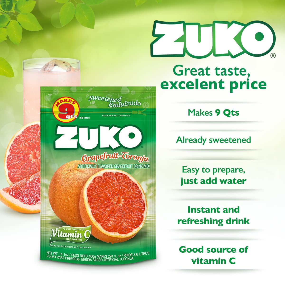 Zuko Grapefruit Instant Powder Drink | Family Pack | No Sugar Needed | Vitamin C | 14.1 Ounce (Pack of 6)