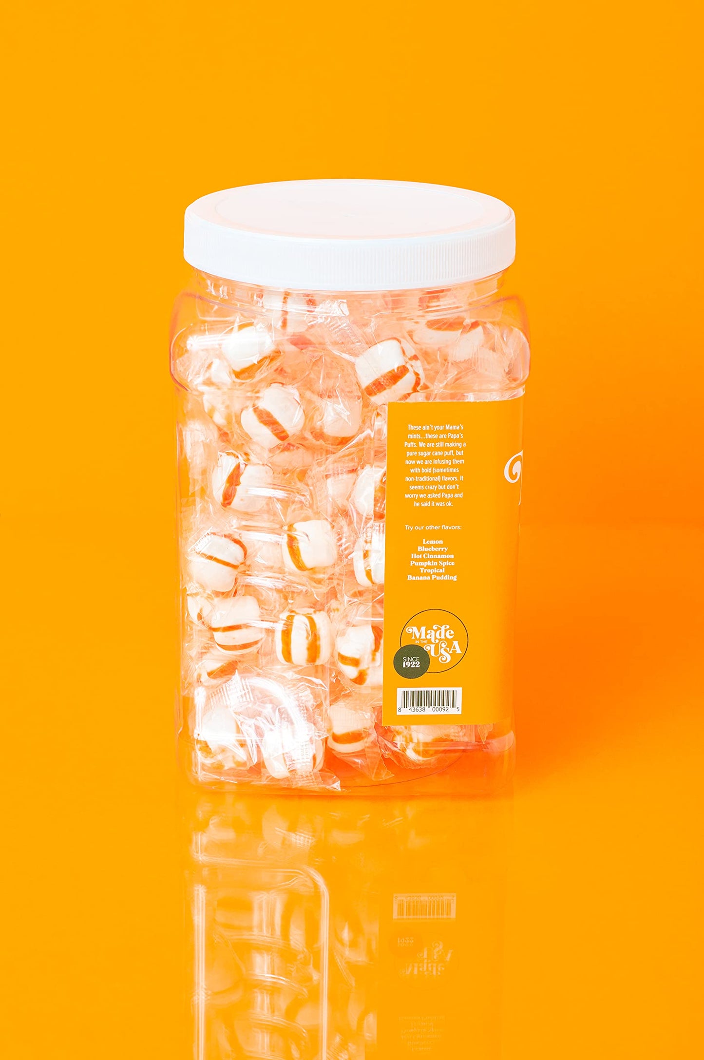 Papa'S Puffs Orange Flavored Pure Sugar Candy - Individually Wrapped In Resealable Tub - Fat-Free, Gluten-Free, Cholesterol-Free