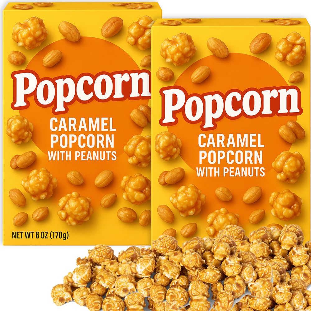 Popcorn Popped, Caramel Popcorn with Peanuts 2 Pack (6 oz Each Box) Crunchy Sweet Flavored Snack Gift