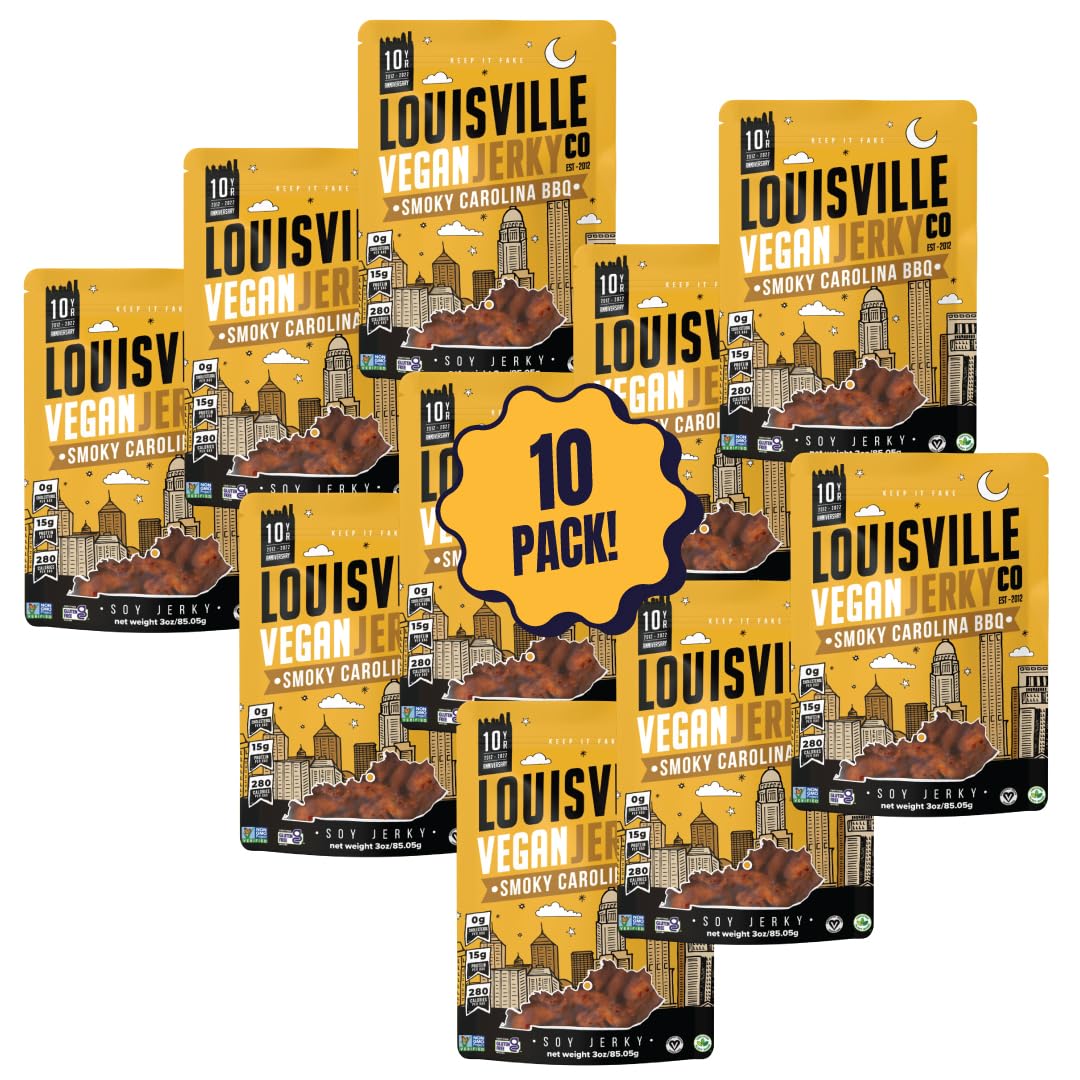 Louisville Vegan Jerky Sweet & Smoky Carolina Mustard BBQ 10-Pack - Gluten-Free, Non-GMO, High Protein Vegan Snacks