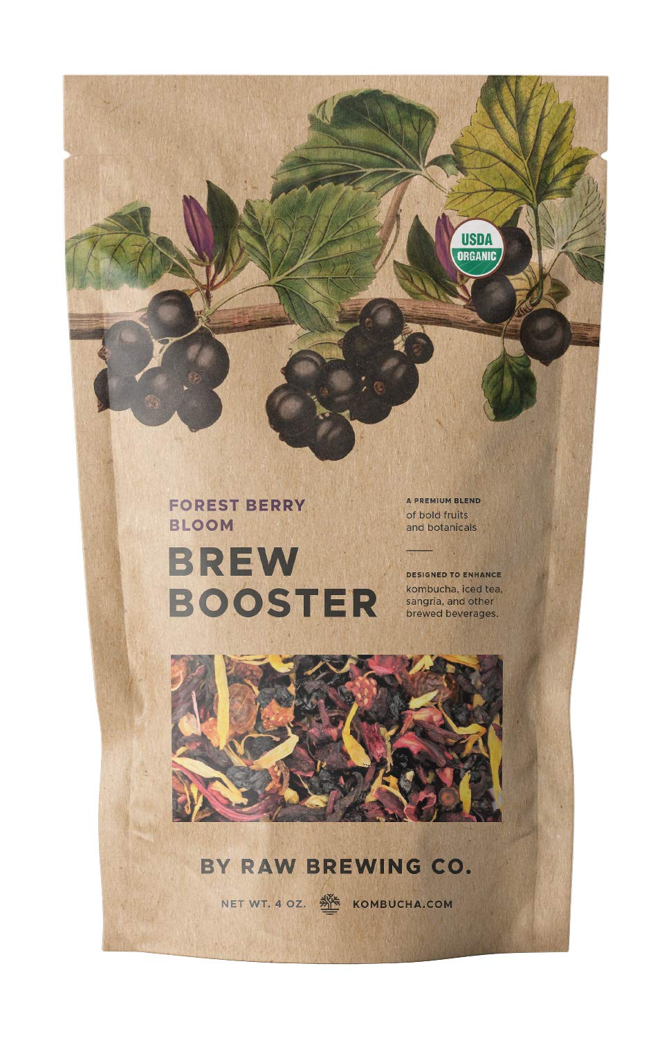 Raw Brewing Company Kombucha Brew Booster - Organic Elderberry Currant Blueberry Blend, Loose Leaf, 4 Ounce, Caffeine Free