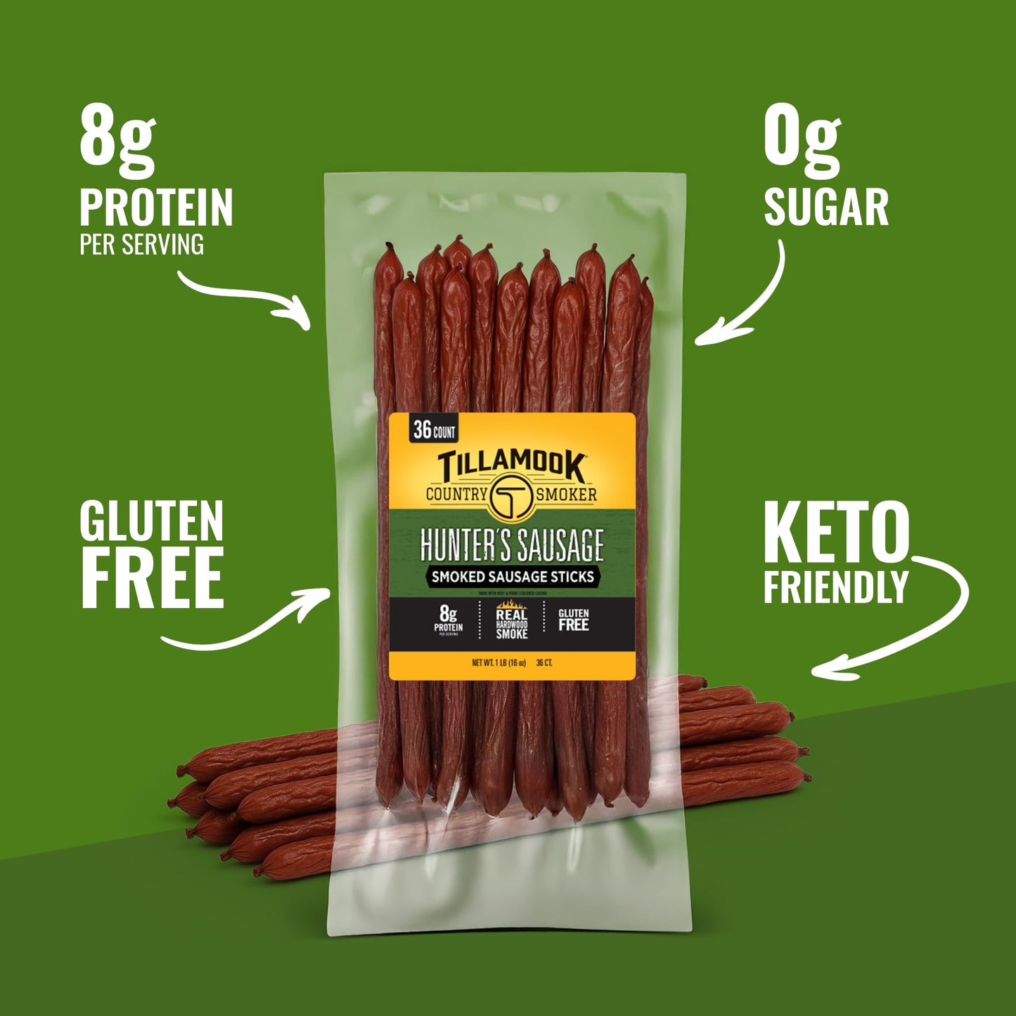 TILLAMOOK COUNTRY SMOKER Hunters Sausage Smoked Sticks, 16 Ounce, Low Carb, High Protein, Bulk Pack (36 Count)
