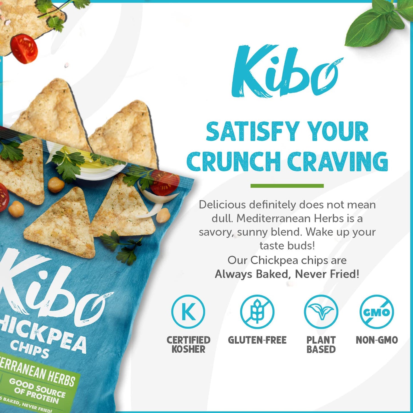Kibo Chickpea Chips Mediterranean Herbs - Gluten-Free, Plant-Based, Non-GMO, Vegan, Made with Real Veggies - 1 oz, 12 Pack