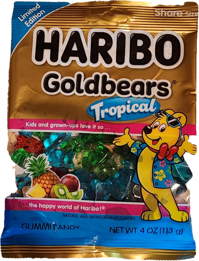 Haribo Goldbears Gummi Bears Tropical Flavors, 4oz Share Size, Pineapple, Kiwi, Passion Fruit, Paradise Punch