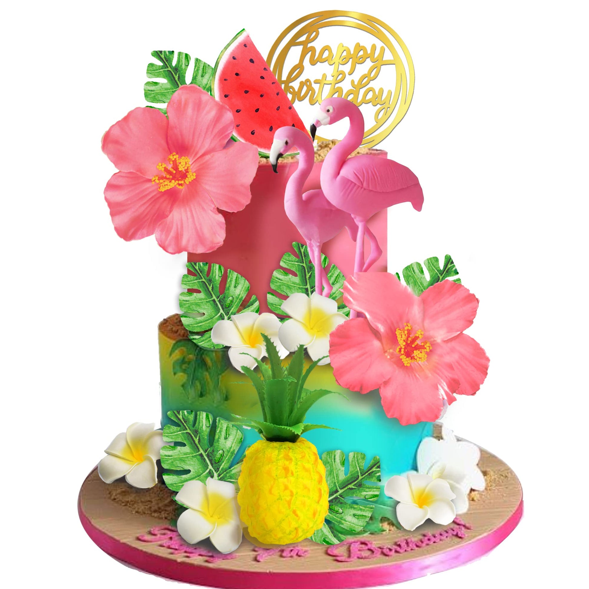 Flamingo Cake Toppers Summer Cake Decorations Pineapple And Hibiscus Flower Palm Leaf Cake Toppers For Tropical Hawaiian Beach L