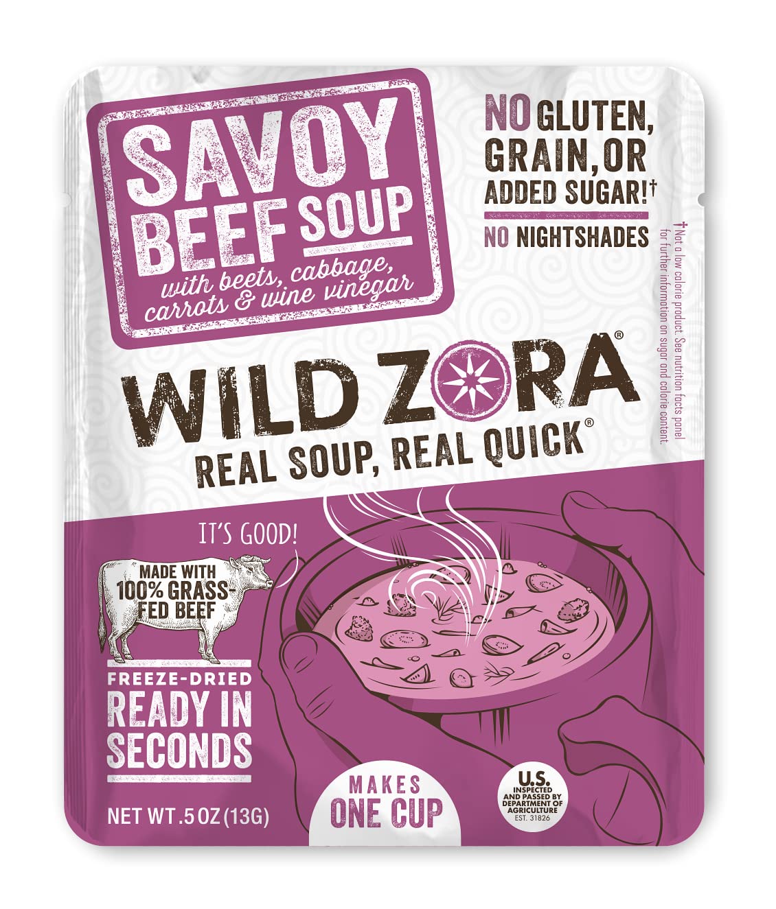 Wild Zora Instant Keto-Friendly Soups Savoy Beef 8-pack Broth Made with 100% Grass-Fed Beef, and Vegetables, Gluten-Free, Low Ca