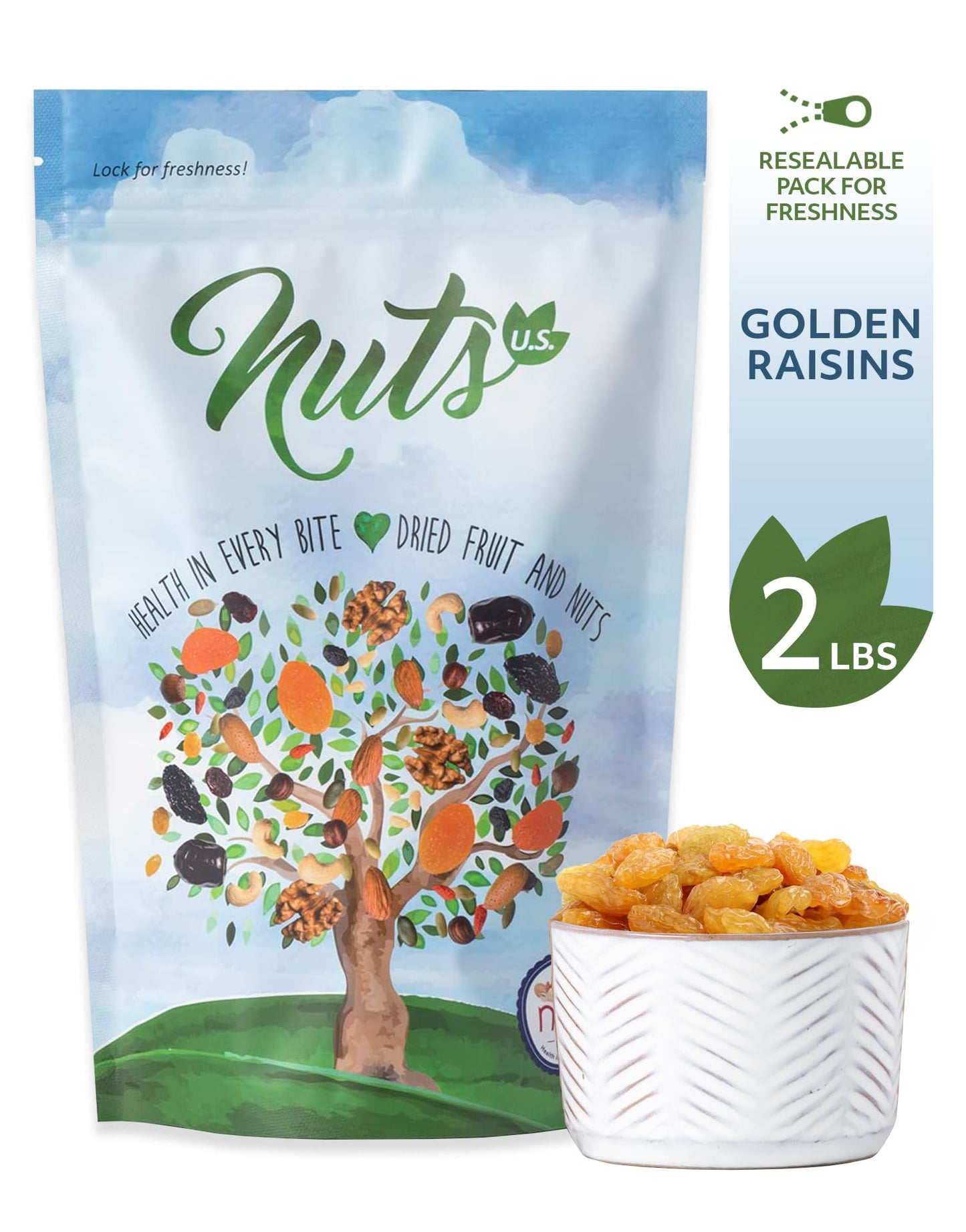 NUTS U.S. - Golden Raisin | All Natural | Non-GMO and No Added Sugar | JUMBO SIZE | Packed in a Resealable Bag!!! (2 LBS)