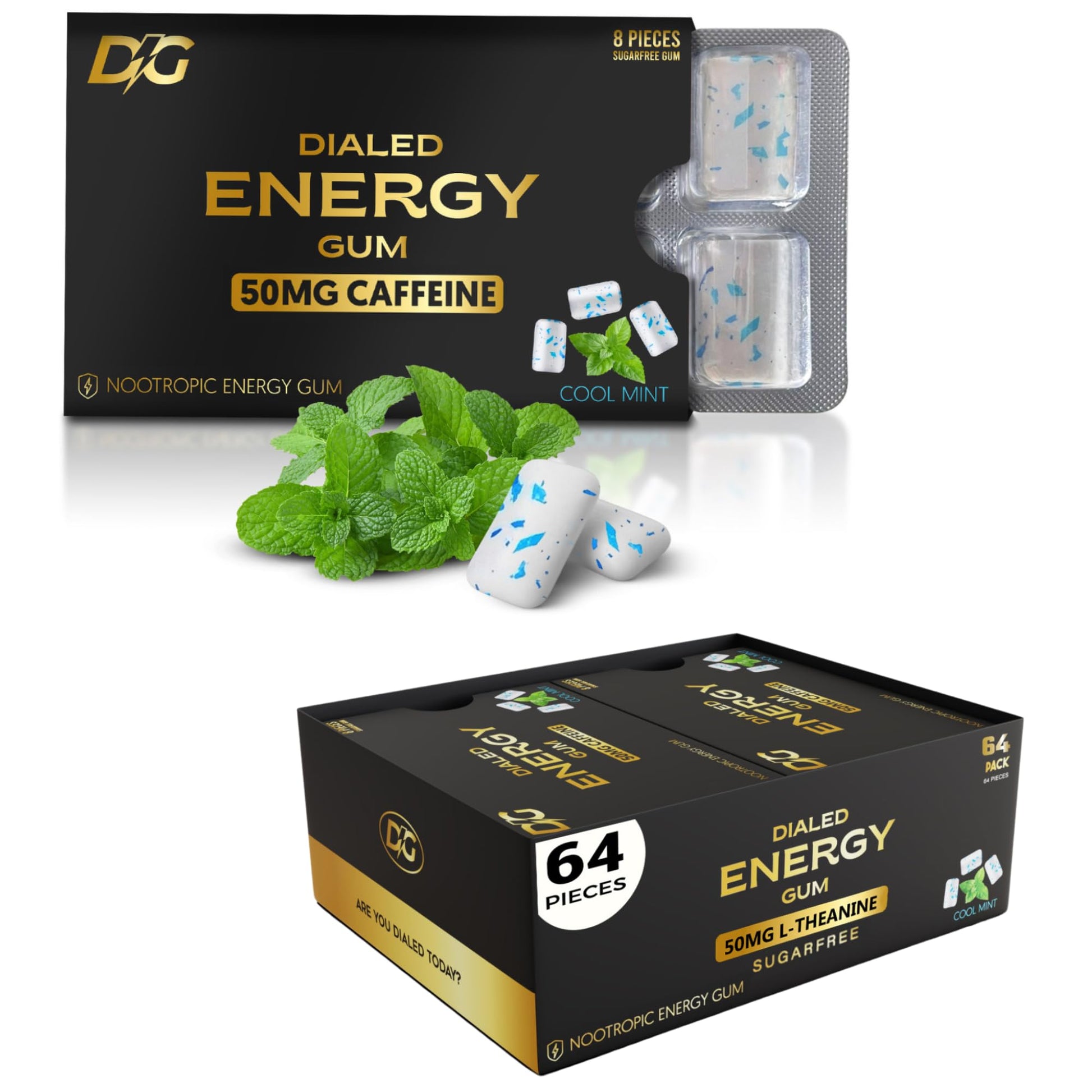 Dialed Gum Caffeine Gum - Sugar Free Energy Supplement with 50mg Caffeine, 8 Count, Cool Mint Flavor