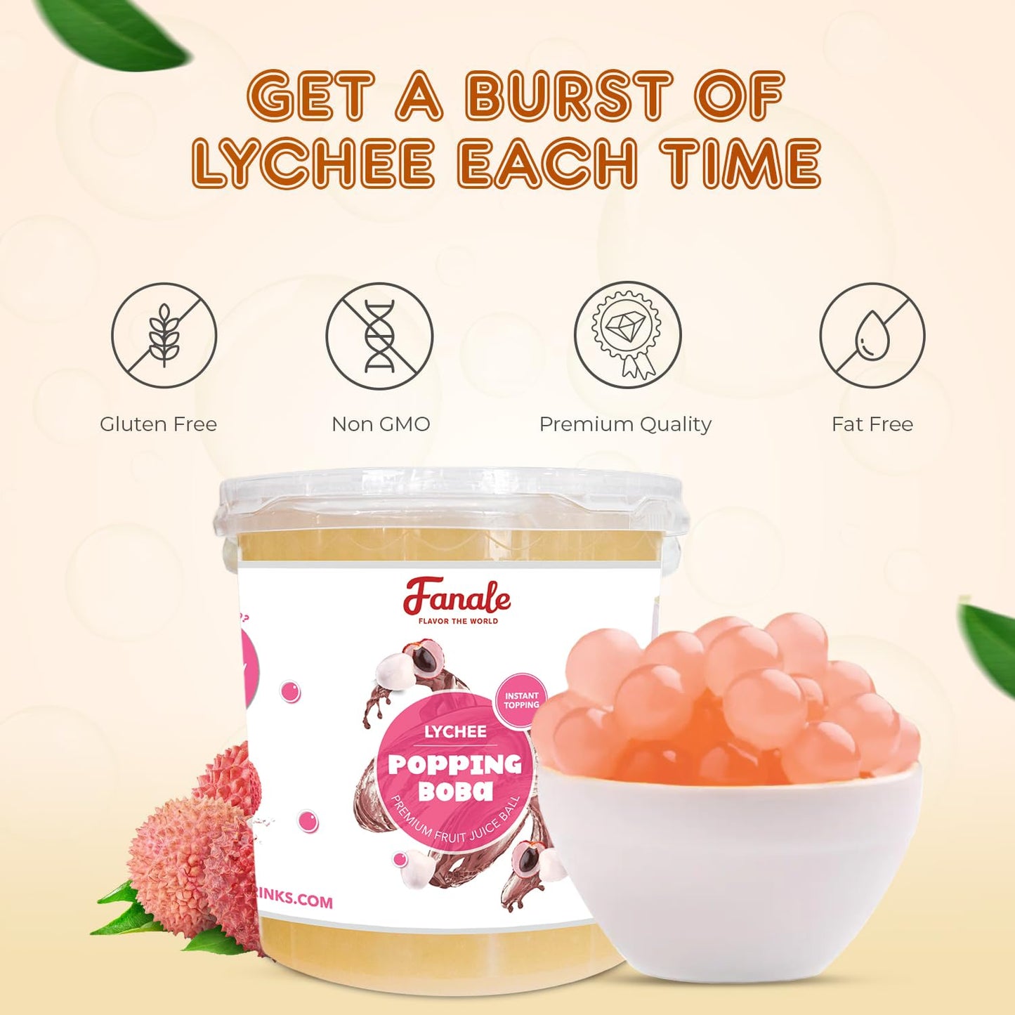 Fanale Lychee Popping Boba Pearls, Vegan, Non Gmo, Gluten Free, Fat Free, Perfect For Bubble Tea, Smoothies, Ice Cream, Desserts