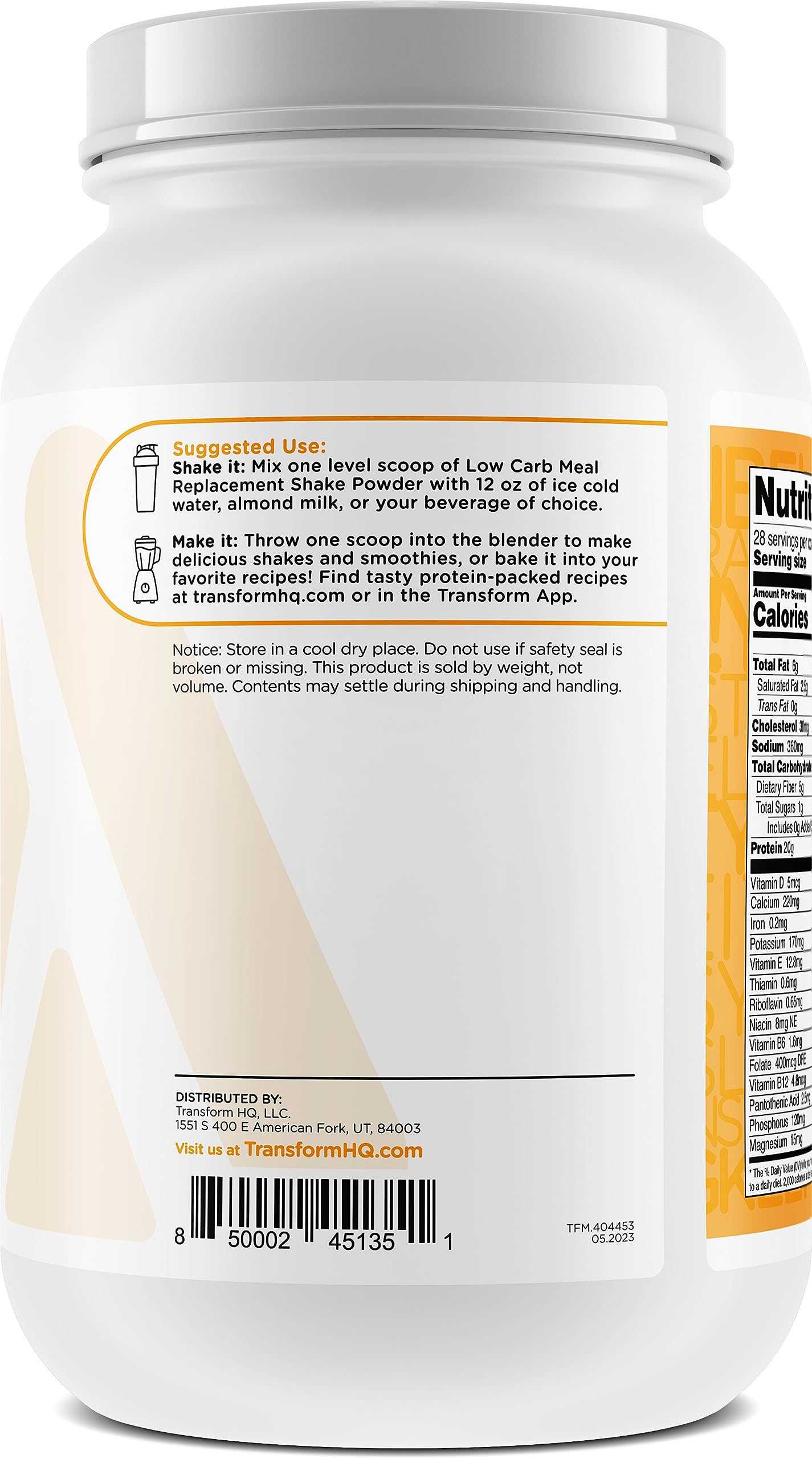 TransformHQ Meal Replacement Shake Powder, 28 Servings, Gluten Free, Non-GMO, Orange Cream, 40 Ounce, Model TFM-MRS-ORNG_CRM28