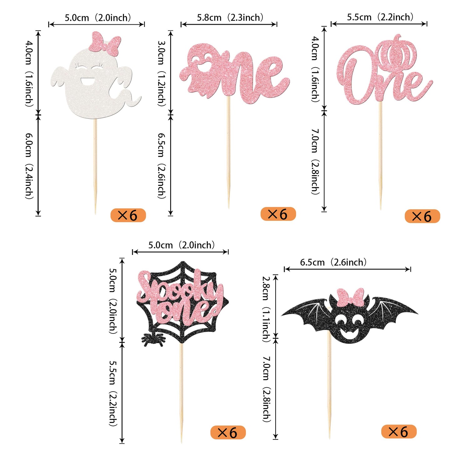 Rssta i Halloween Cupcake Toppers, 30 Pack, Ghost Bat Spider Pumpkin, Paper, Design 13 Pink, Model XM469-pink
