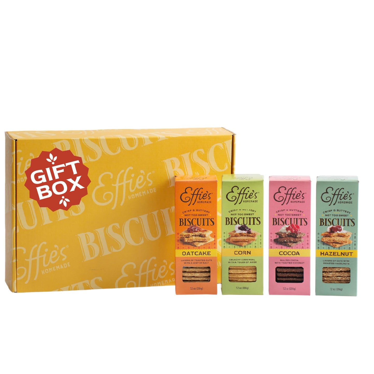 Effies Homemade Biscuits - Gift Box Sampler - Oatcakes, Cocoa, Corn, Hazelnut - 4 Pack