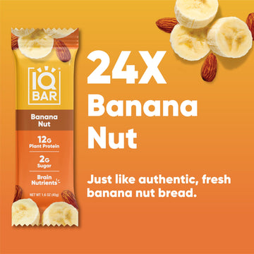 IQBAR Brain and Body Plant Protein Bars - Banana Nut - 24-Count Low Carb - Gluten Free, High Fiber, Vegan Snacks - Low Sugar Mea