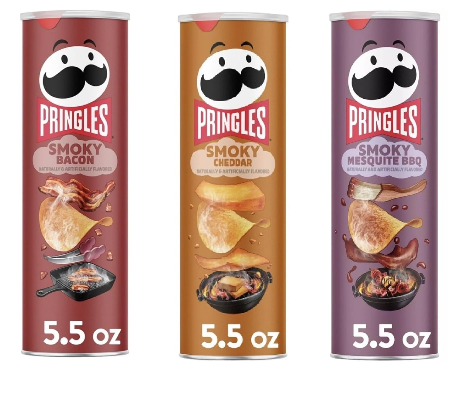 Pringles Potato Chips Trio Variety Set 5.5oz - 3 cans (Smoky Bacon, Smoky Cheddar, Smoky Mesquite BBQ)