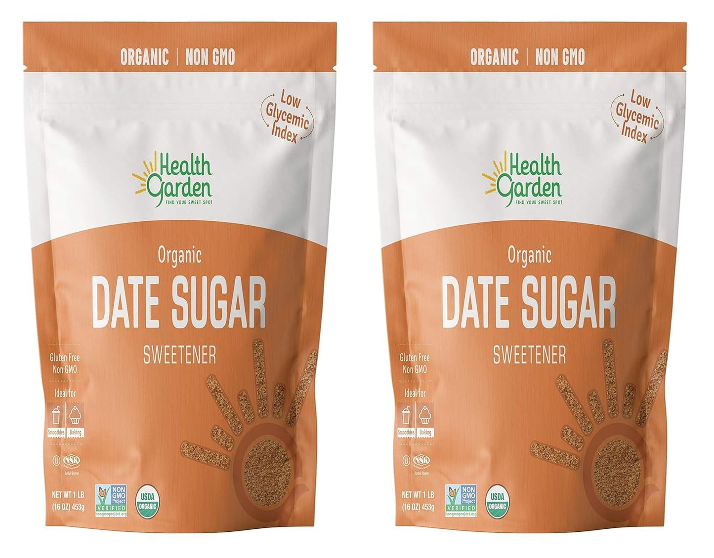 Health Garden Date Sugar (16 Oz), Organic Date Sugar Sweetener, All-Natural Dried Ground Dates, Rich In Vitamins And Minerals, No Gluten, Non-Gmo, Low Glycemic Sugar Substitute (1 Lb Pack Of 2)