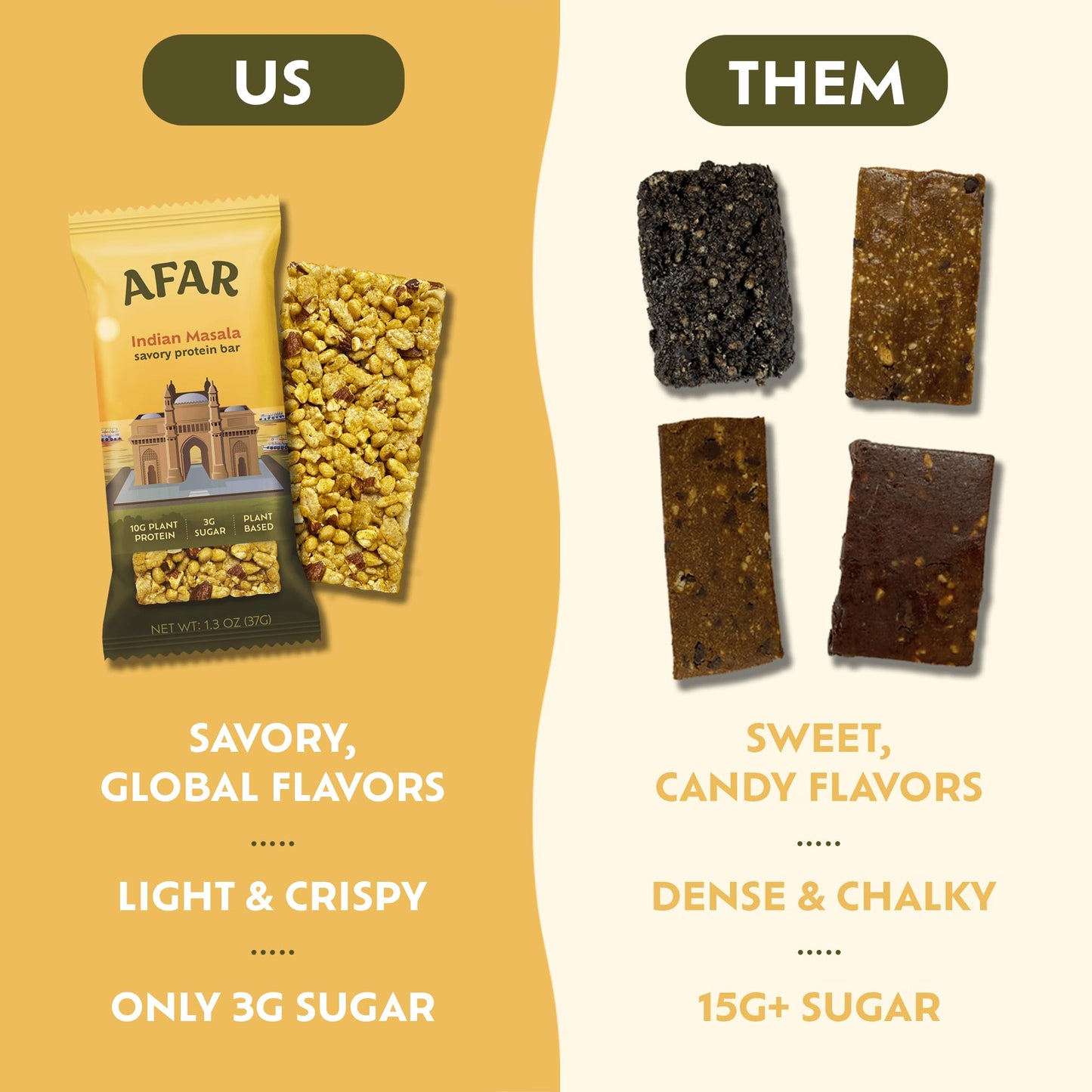 Afar Savory Protein Bars, Low Sugar, High Protein, Vegan, Gluten Free, Meal Replacement, 1 Count (Pack of 8), Indian Masala Flavor