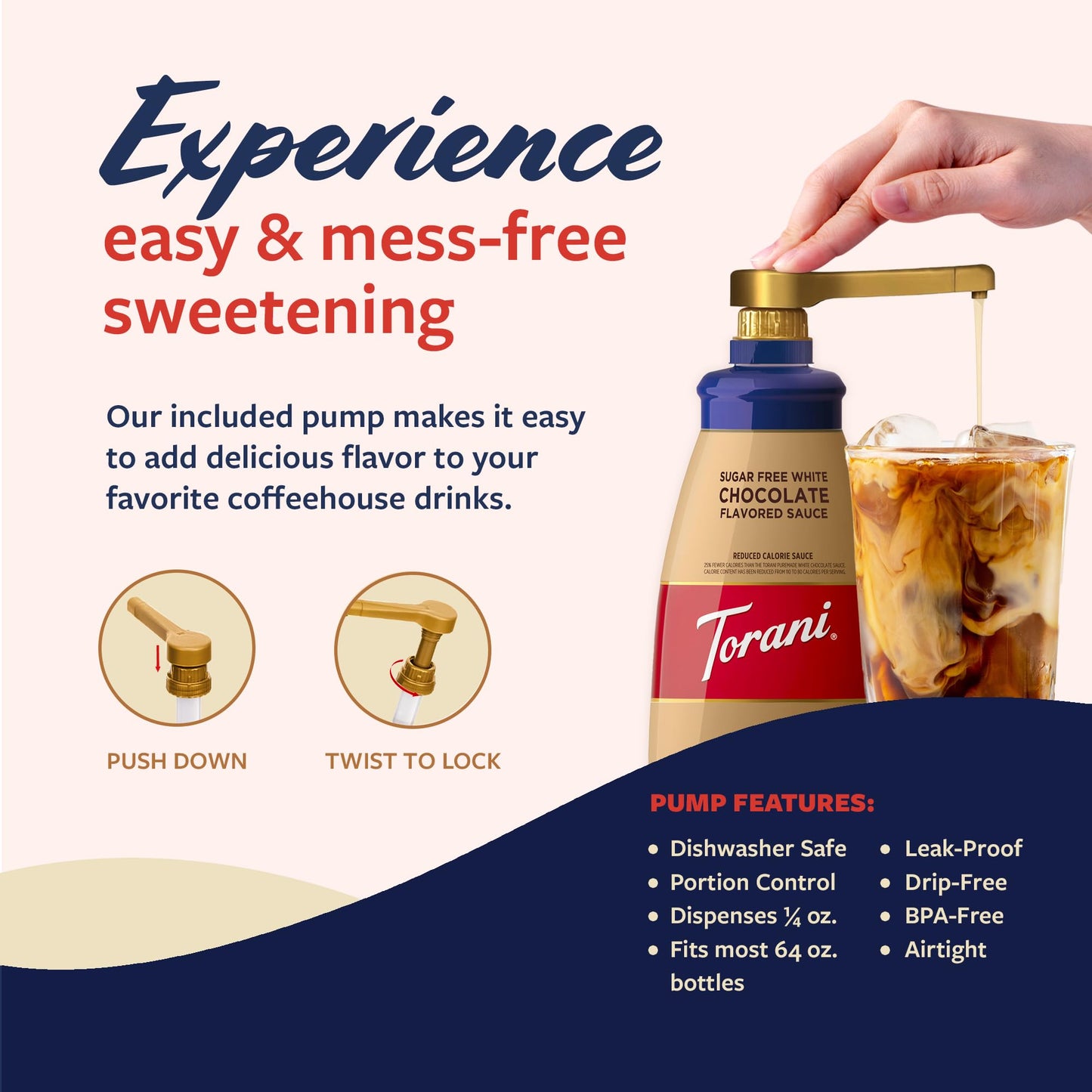Torani Sugar Free White Chocolate Sauce for Crafting Coffeehouse Drinks  Large Squeeze Bottle with Pump  64 Fl Oz