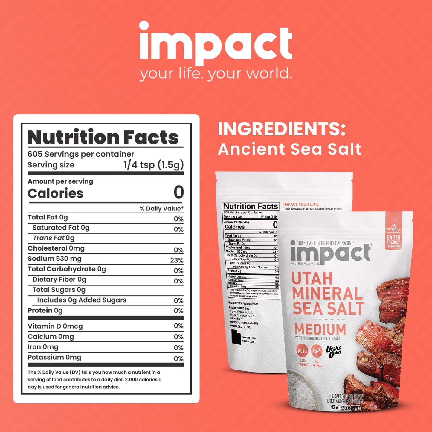 Impact Utah Mineral Sea Salt, Medium Grain, Unrefined, Non-GMO, Gluten Free, 32 Ounce