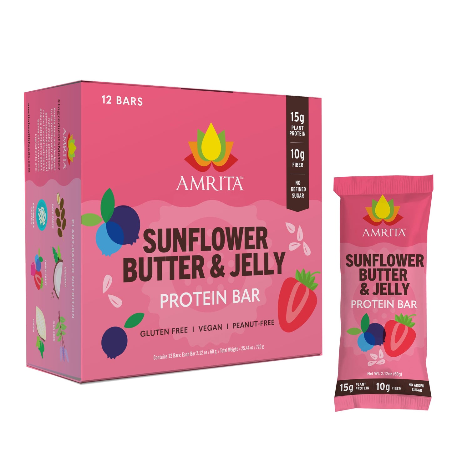 Amrita Sunflower Butter & Jelly Protein Bars - Gluten-Free, 15g Plant-Based Protein, High Fiber, 12 Count