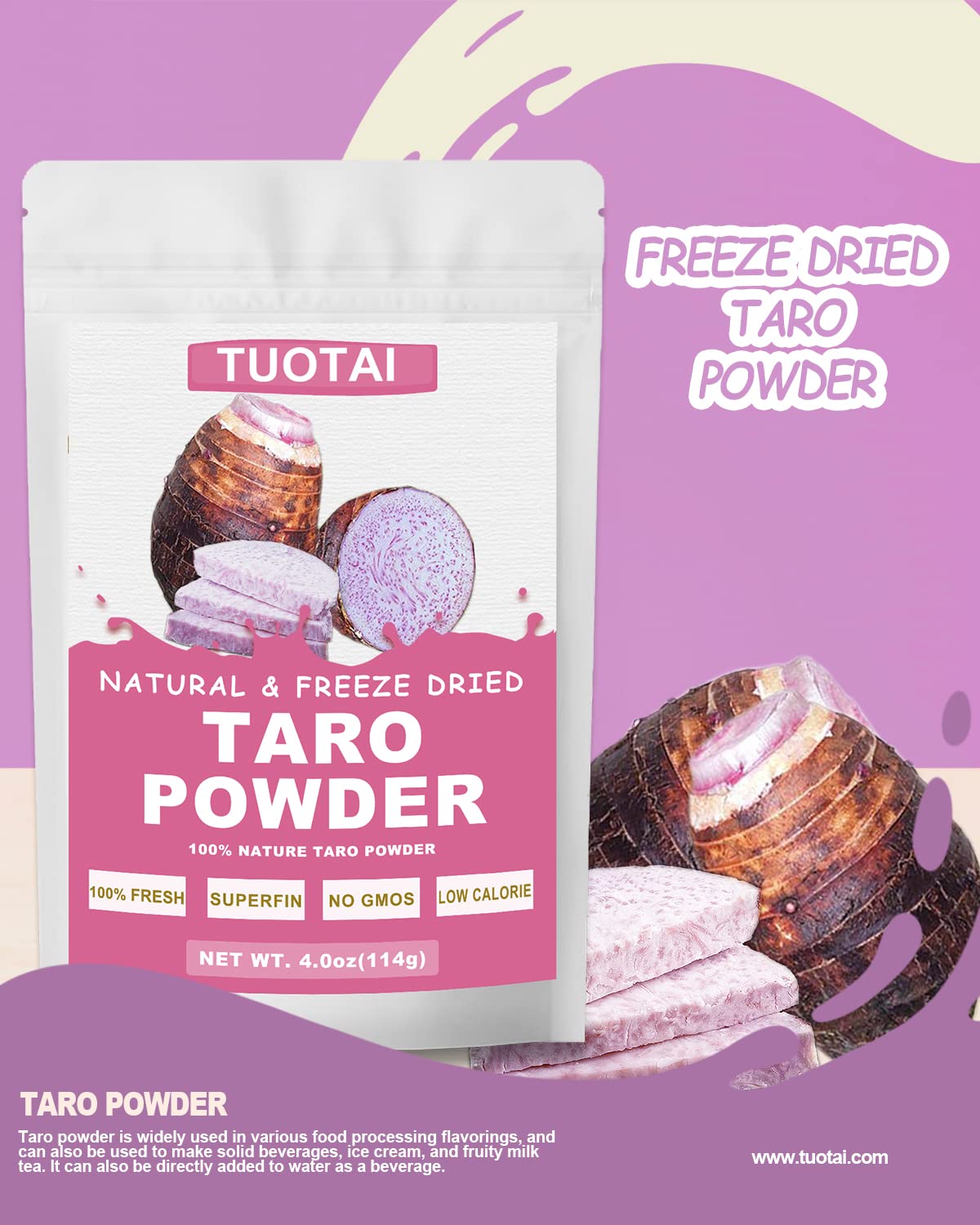 Freeze Taro Powder, 4 Ounces, Taro Powder For Smoothie, Drinks And Baking Food