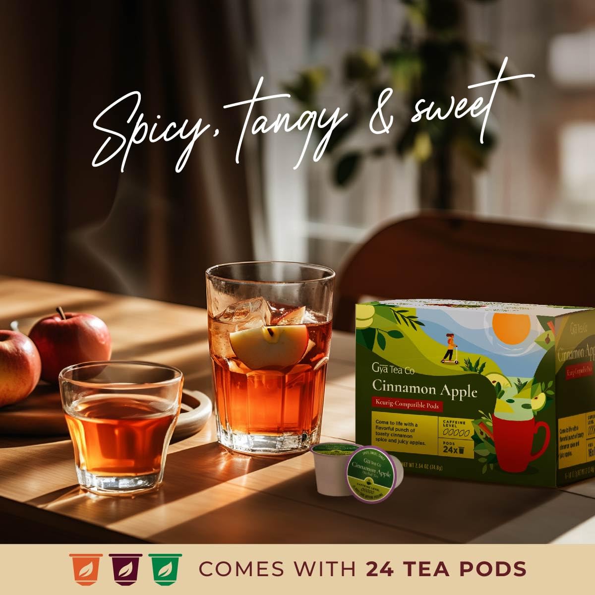 Gya Tea Co Cinnamon Apple Herbal Tea Pods, Decaf Wellness Tea, 24 Count