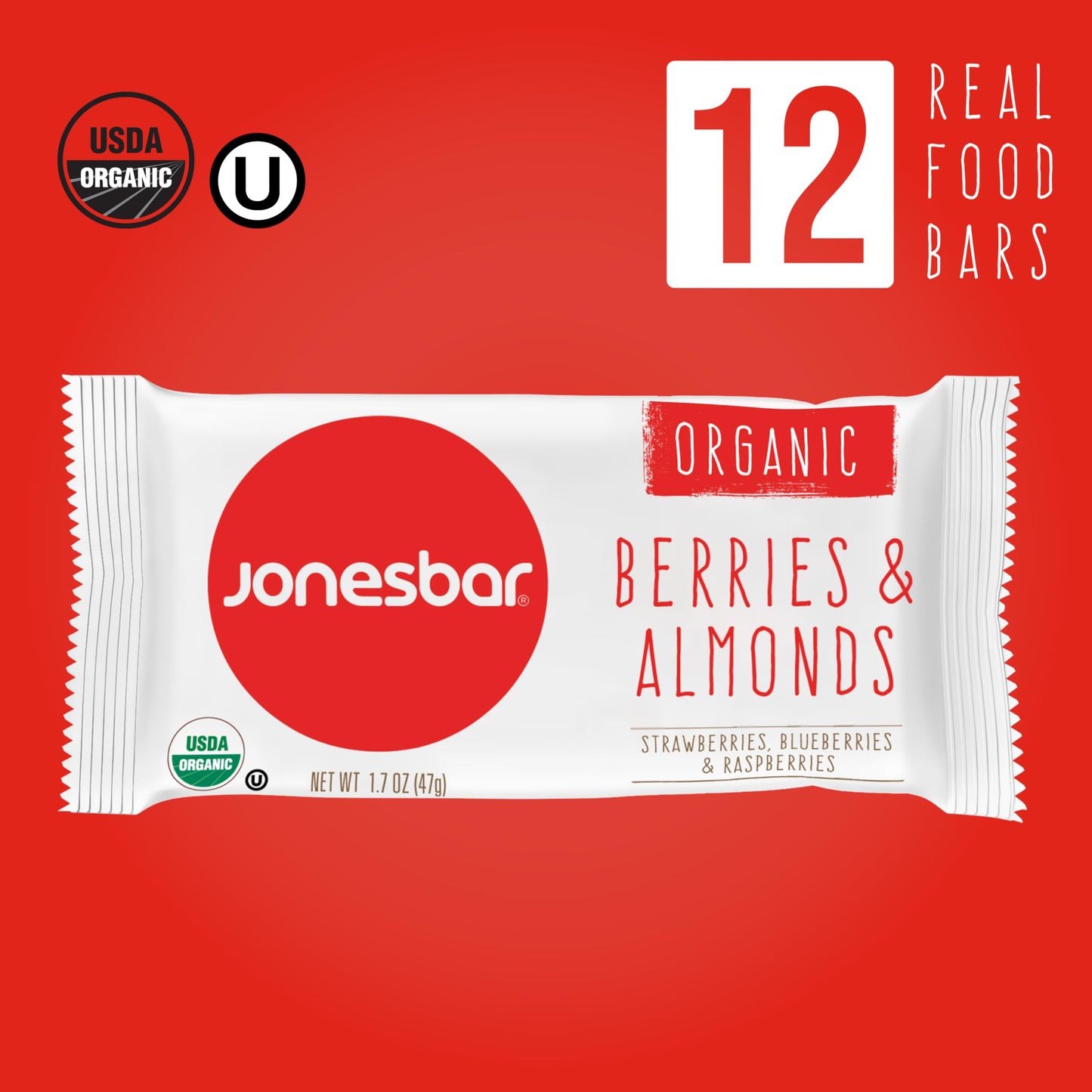 jonesbar Organic Plant Based Protein Bars, Berries and Almonds, Vegan, Gluten Free, 12 Count