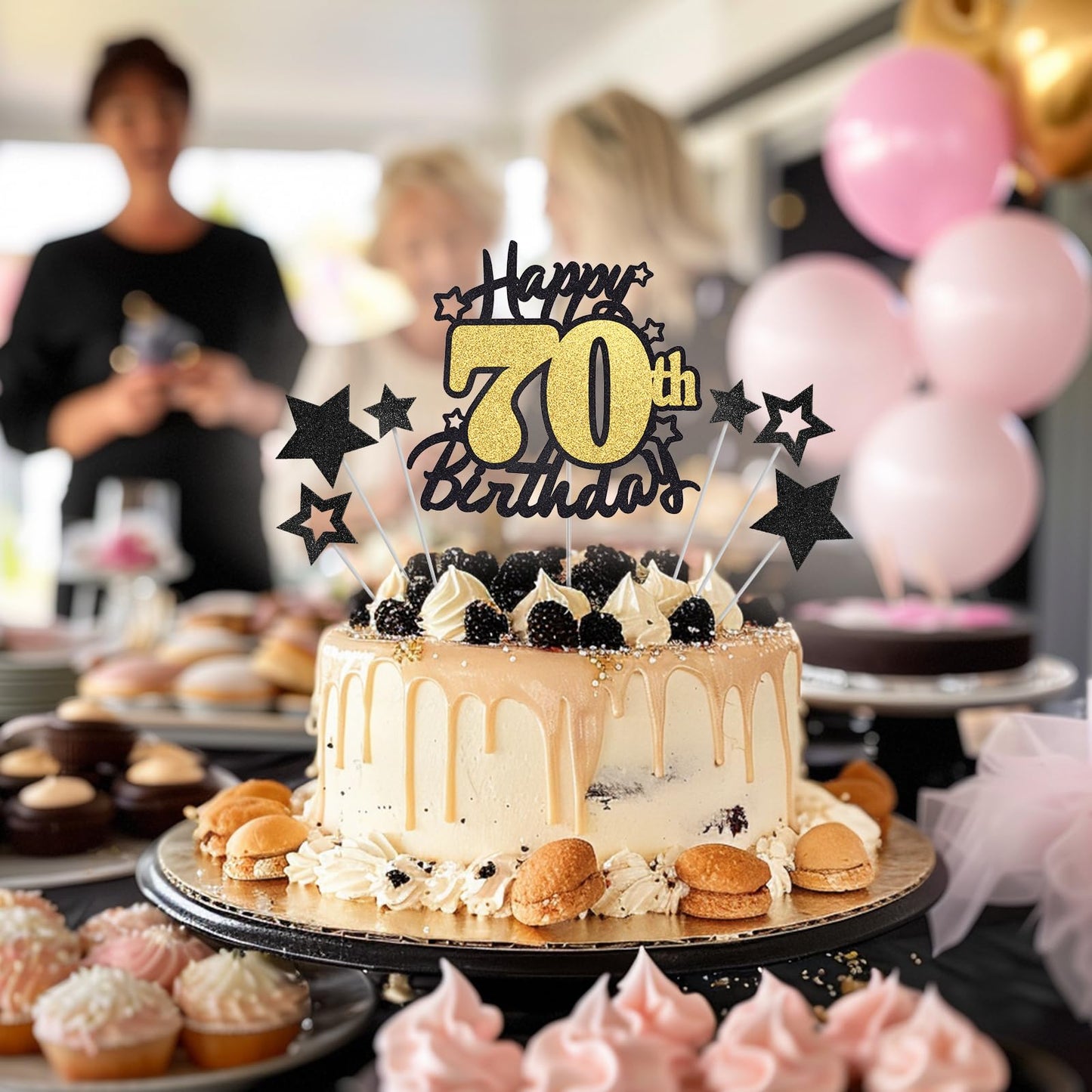 Happy 70Th Birthday Cake Topper, Black And Gold Glitter Cake Toppers, 70 Year Birthday Party Cake Decoration
