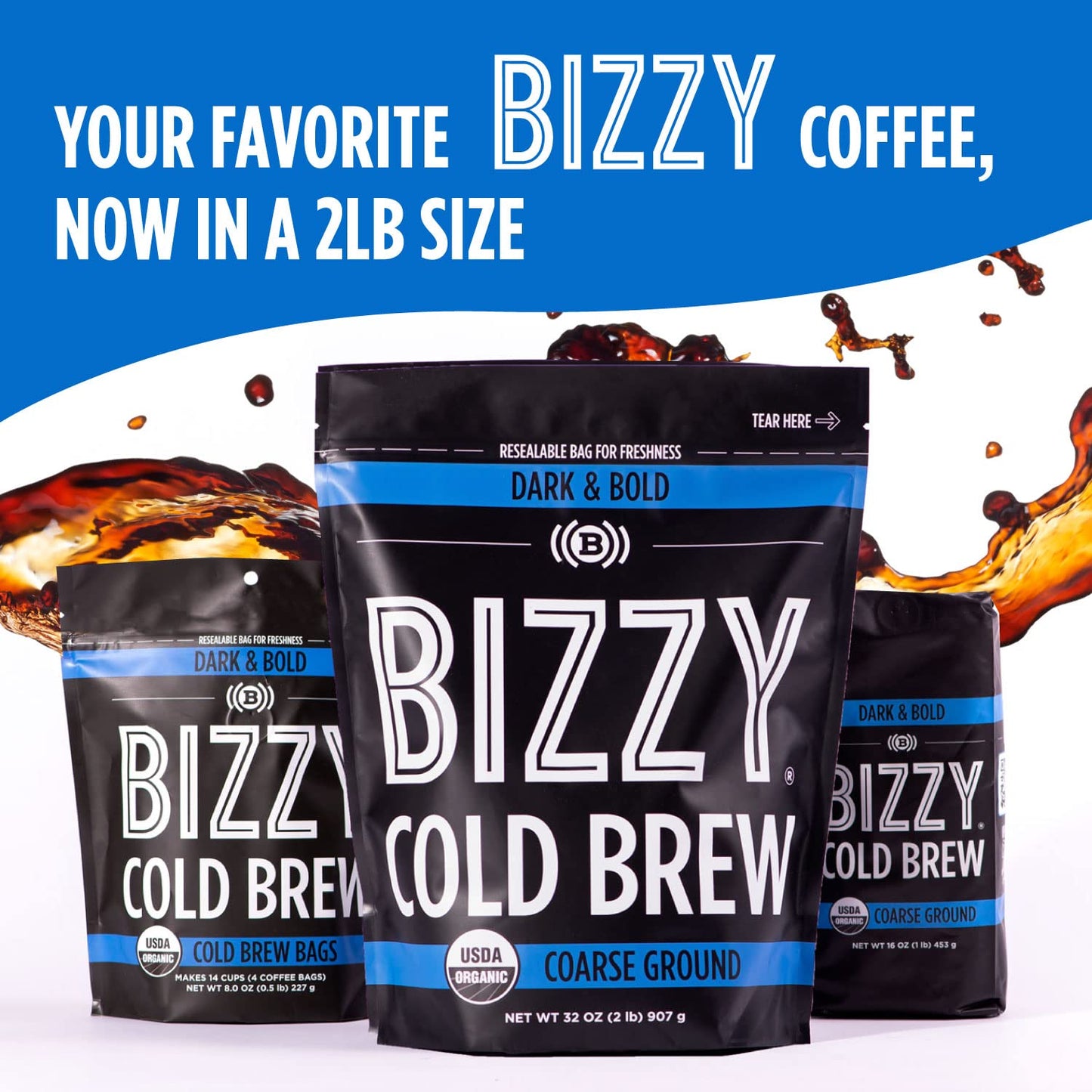 Bizzy Organic Cold Brew Coffee | Dark & Bold Blend | Coarse Ground Coffee | Dark Roast | Micro Sifted | Specialty Grade | 100% Arabica | 2 Lb