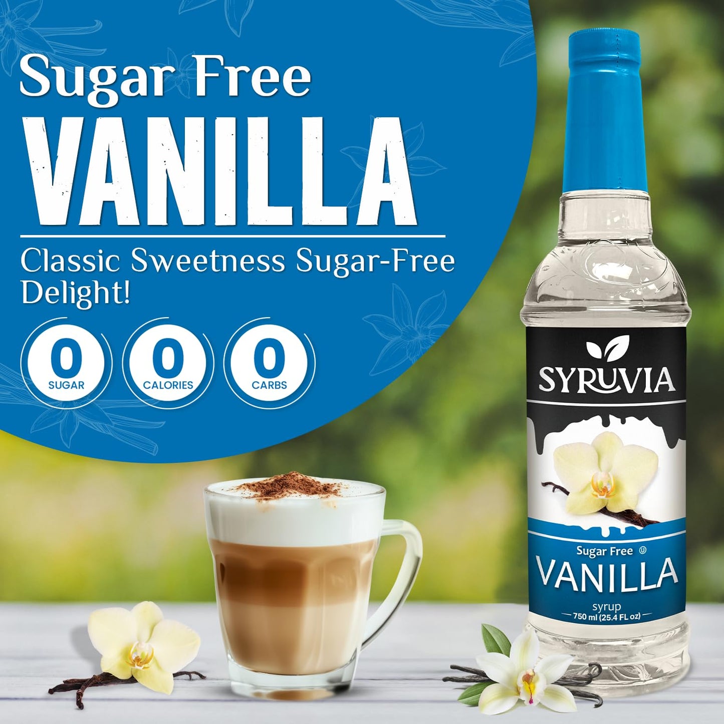 Syruvia Sugar-Free Vanilla Coffee Syrup - 25.4 Fl Oz. Premium Coffee Flavoring Syrup. 0 Calories, Kosher, And Gluten-Free. Ideal