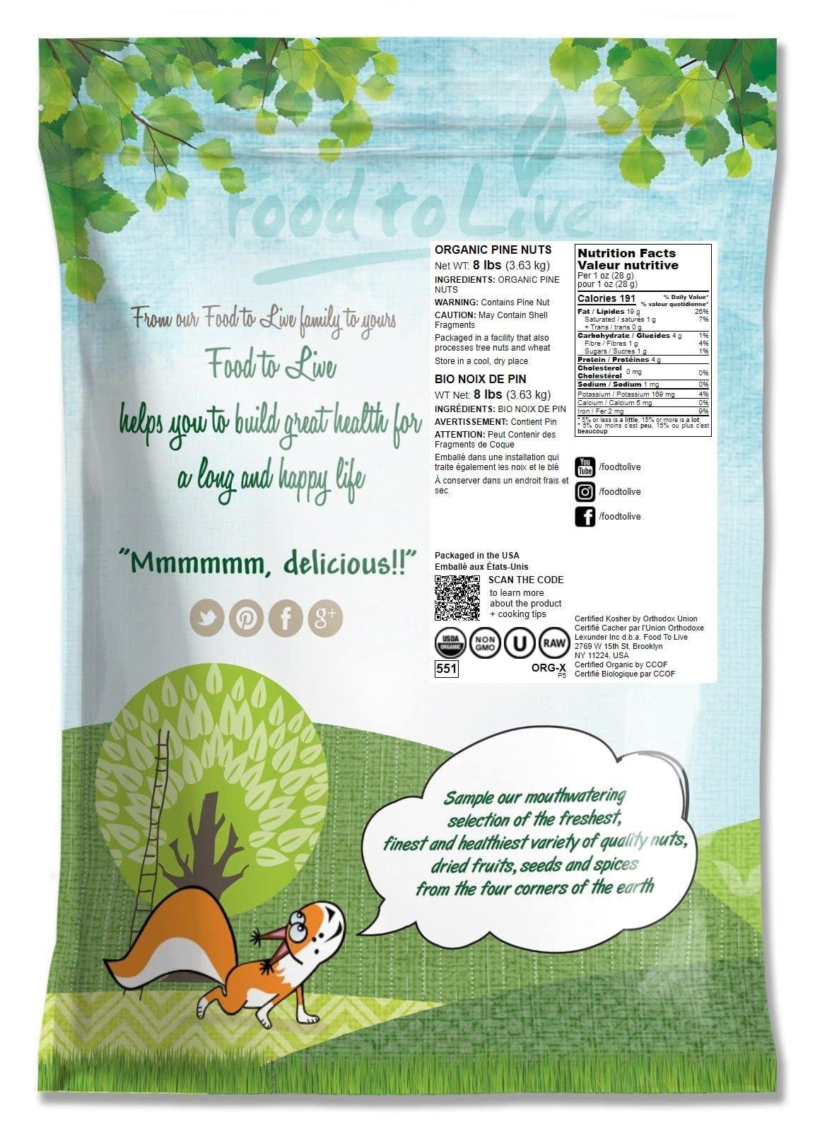 Organic Pine Nuts, 8 Pounds - Non-Gmo, Whole Raw Pignolias, Unsalted, No Shell, Vegan, Kosher, Bulk Snack. Rich In Vitamin E, Protein. Great For Pesto, Salads, Homemade Desserts, And As A Topping.