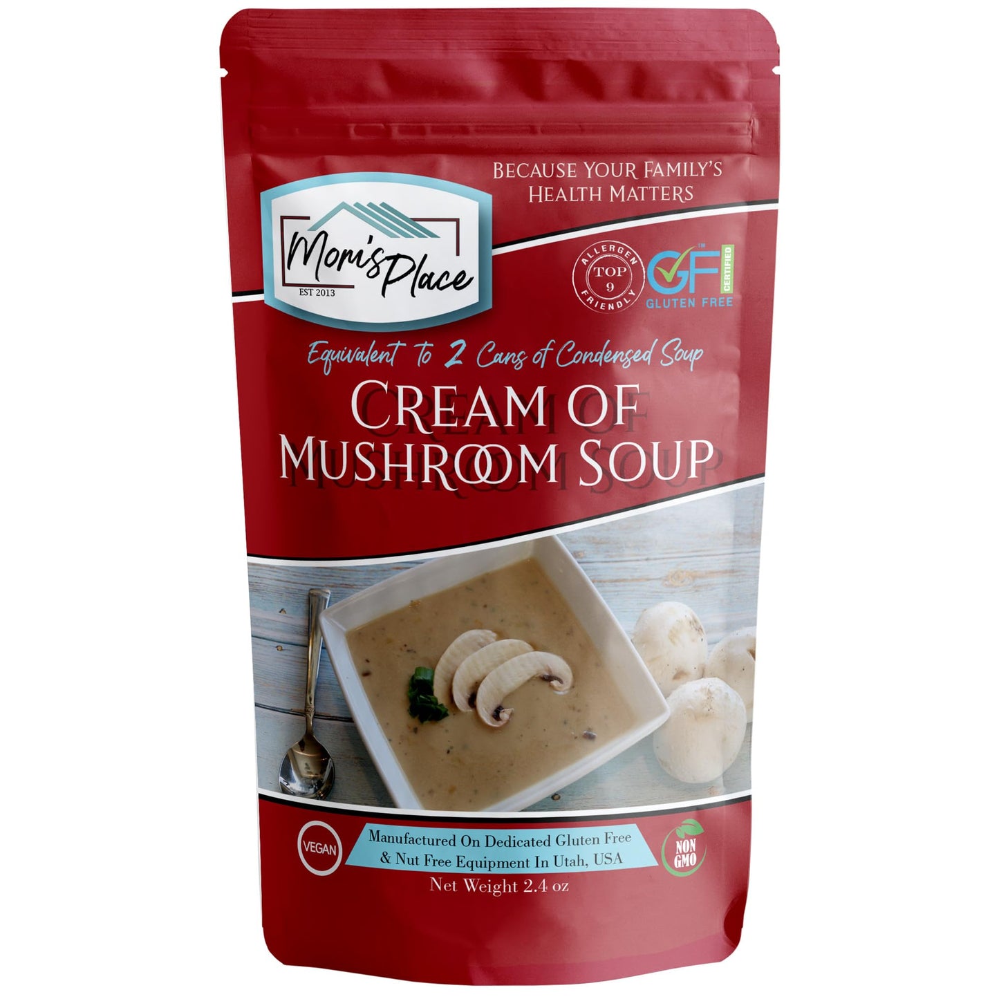 Mom's Place Gluten-Free Cream of Mushroom Soup Mix, Vegan, 2.4 oz, Dairy-Free, Nut-Free, Soy-Free, Equal to 2 Cans