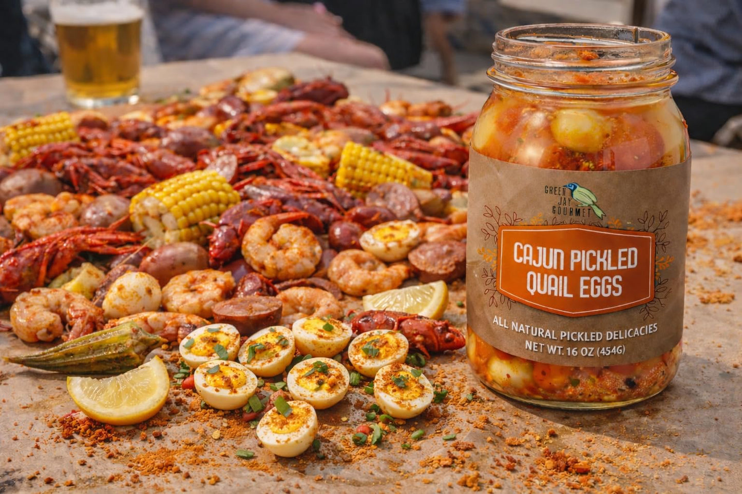 Green Jay Gourmet Cajun Pickled Quail Eggs in a Jar - Fresh Hand Jarred for Cooking & Pantry - Cajun Flavor - Simple Natural Ing