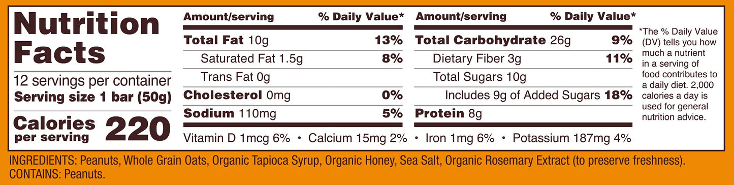 Bobs Red Mill Honey Oat Peanut Butter Bars, 1.76 OZ, Pack of 12, Various Flavors