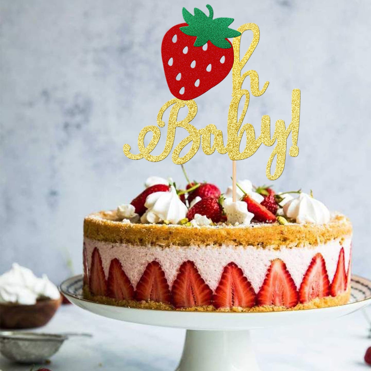 1 Pcs Strawberry Oh Baby Cake Topper Glitter Baby Shower Strawberry Cake Pick Decorations For Fruit Theme Gender Reveal Baby Sho