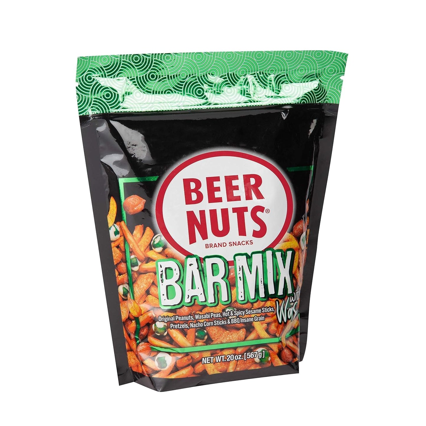 BEER NUTS Bar Mix with Wasabi - Pretzels, Cheese Stix, Sesame Stix & Wasabi Peas - 20oz Resealable Bag