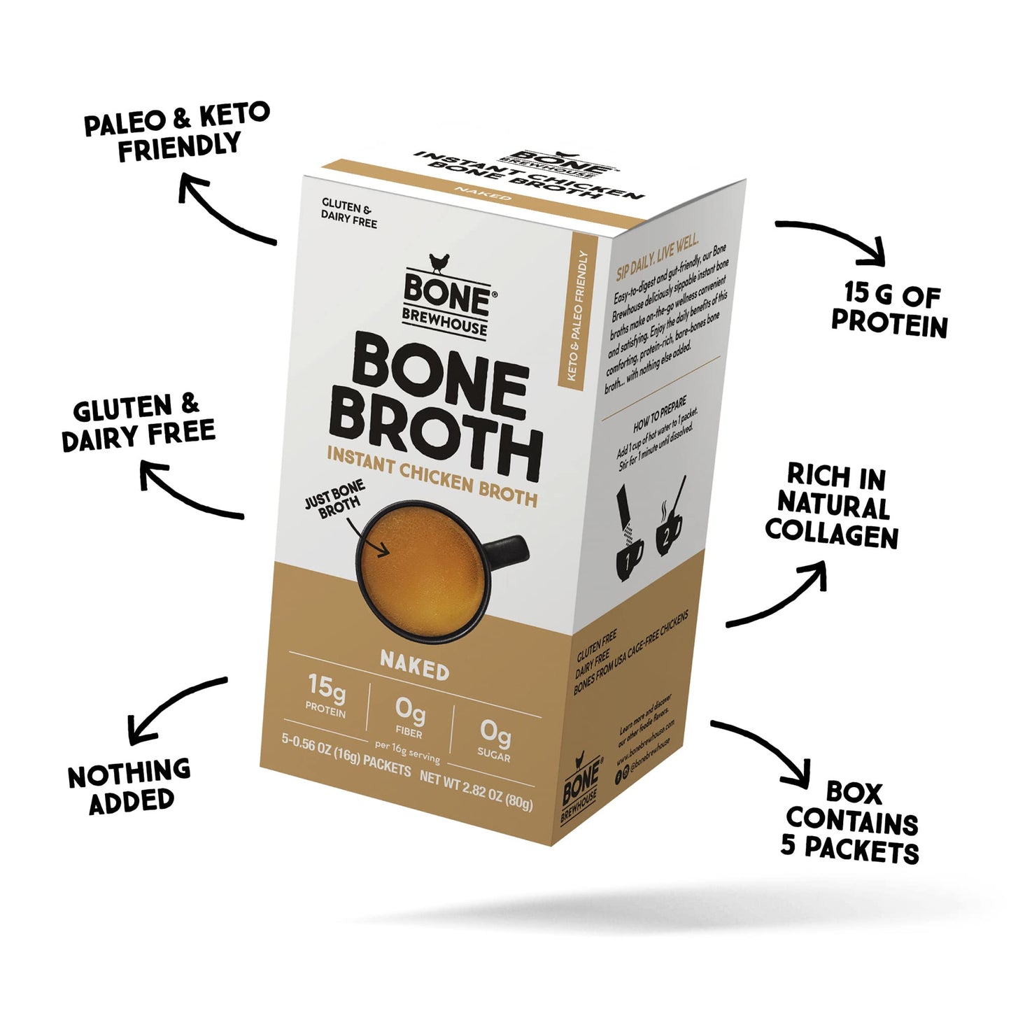 Bone Brewhouse - 2 Pack - Chicken Bone Broth Protein Powder - Naked (unflavoured) - Keto & Paleo Friendly - Instant Soup Broth -