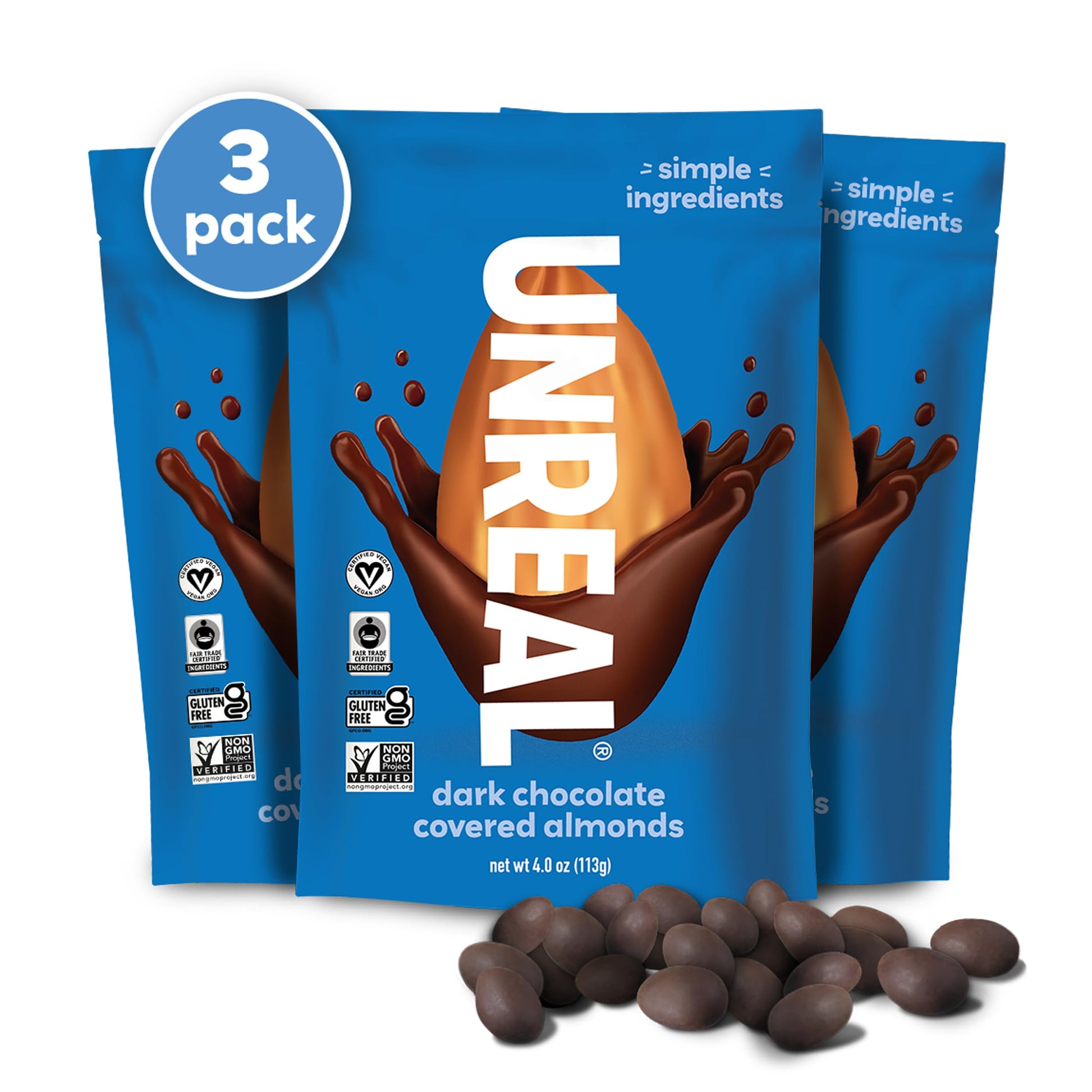 UNREAL Dark Chocolate Almonds - Certified Vegan  Gluten Free  Fair Trade  Non-GMO  No Sugar fermented-style flavors or Soy (3 bags)